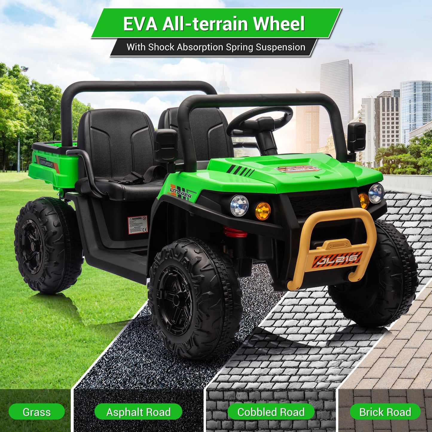 Garvee Ride - P Series: 24v Ride On Dump Truck, 2 Seater Electric Ride On Car Toy for Kids, Battery Powered UTV with 4x35W Motors, Shovel, Bluetooth, Remote Control, Music, LED Lights for Boys & Girls - Green