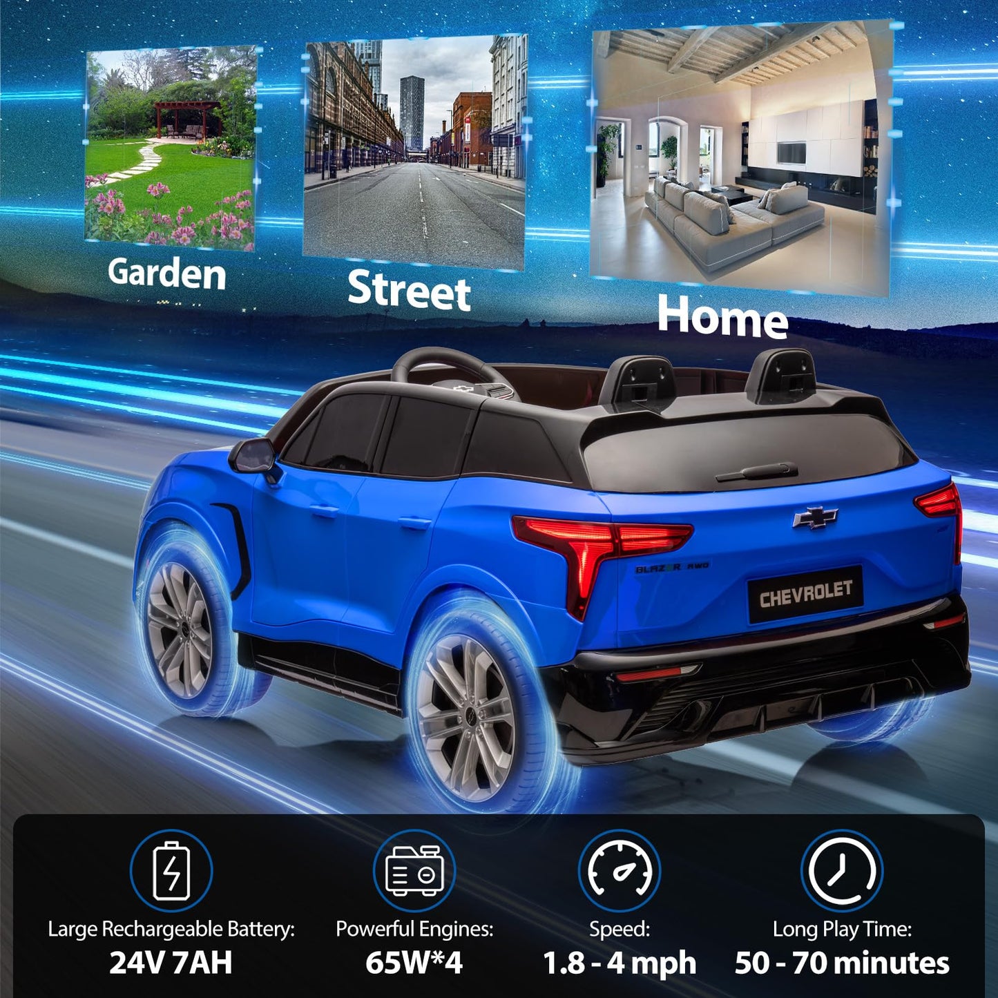 Garvee Ride - P Series: 24V 2-Seater Chevrolet Blazer Kids Car with Remote Control, Bluetooth - Blue