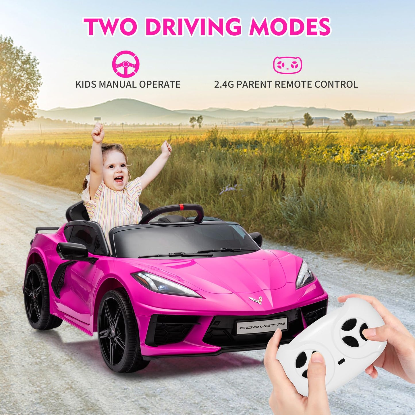 Garvee Ride - P Series: 12V Kids Ride on Car Licensed Corvette Battery Powered Car Toddles Electric Sports Car Toy with Remote Control, Visual Dashboard, LED Lights, Music, Gifts for Boys Girls, Rose Red