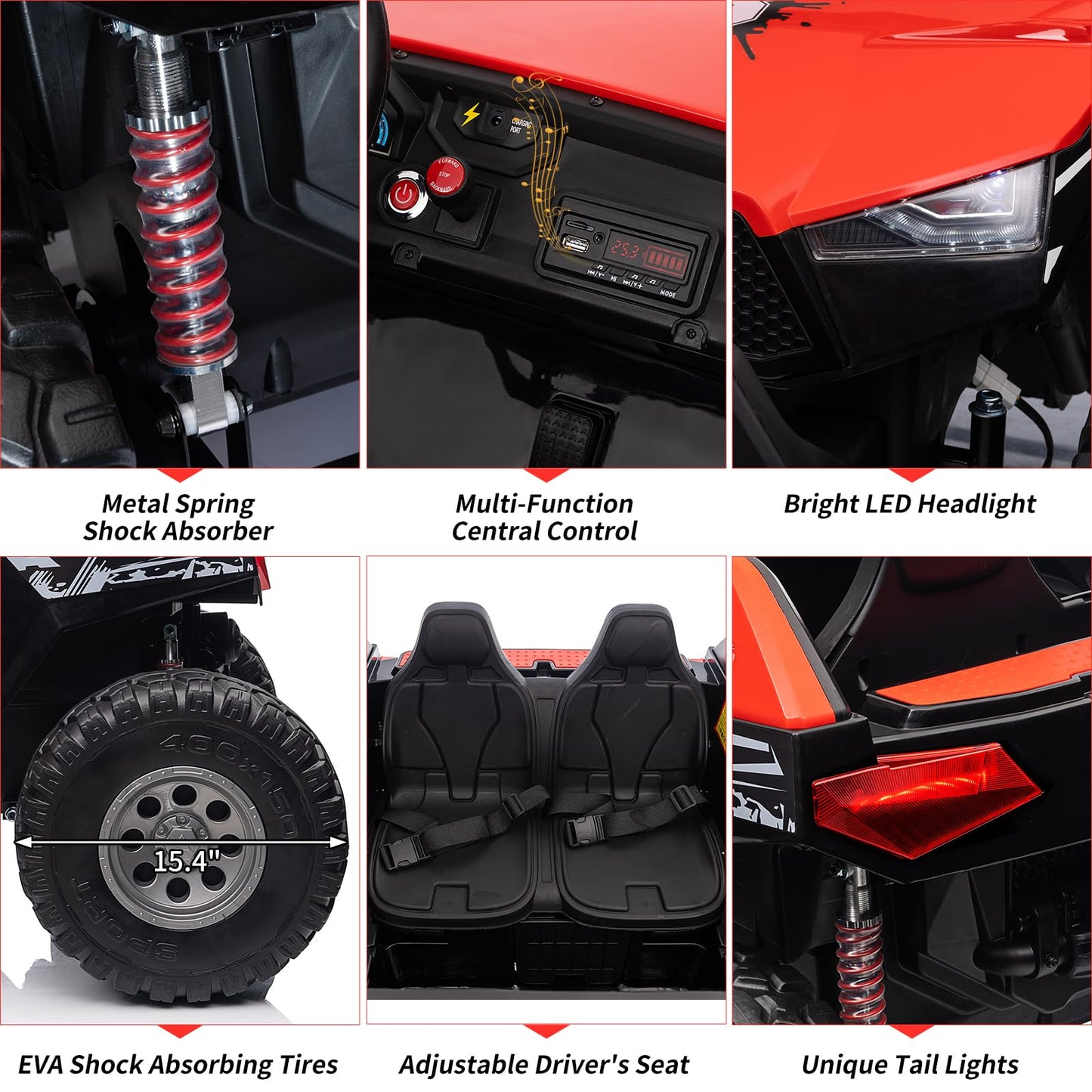 Garvee Ride - P Series: 24V 2-Seater Ride-On UTV: Remote Control, 4WD Motors, 21" Seats + Foldable Seat, 15.4" EVA Wheels, Music, LED Lights, 140lb Max Load - Red