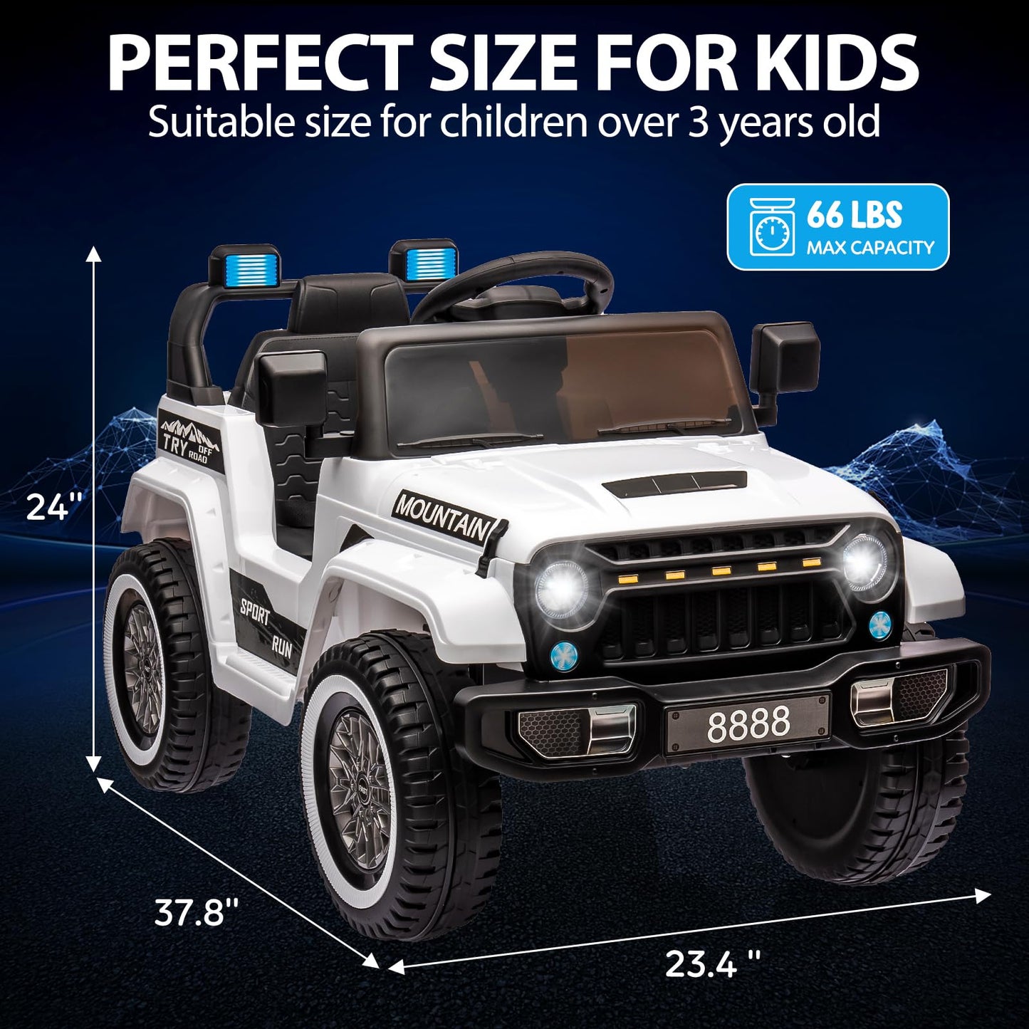 Garvee Ride - P Series: 12V Kids Ride-On Truck For Age 3+, Remote Control, LED, Music, 3 Speeds - White