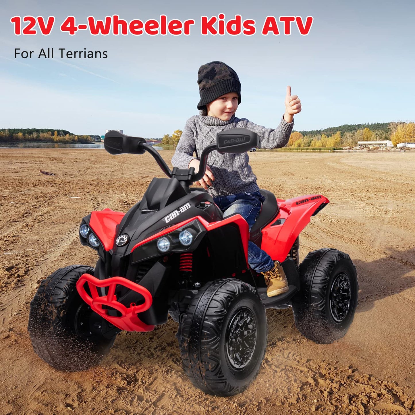 Garvee Ride - P Series: 12V Ride on Toy Car Bombardier Licensed BRP Can-am 4 Wheeler Quad Electric Vehicle, w/LED Lights, Spring Suspension, Bluetooth, Music, USB, Treaded Tires, White - Red