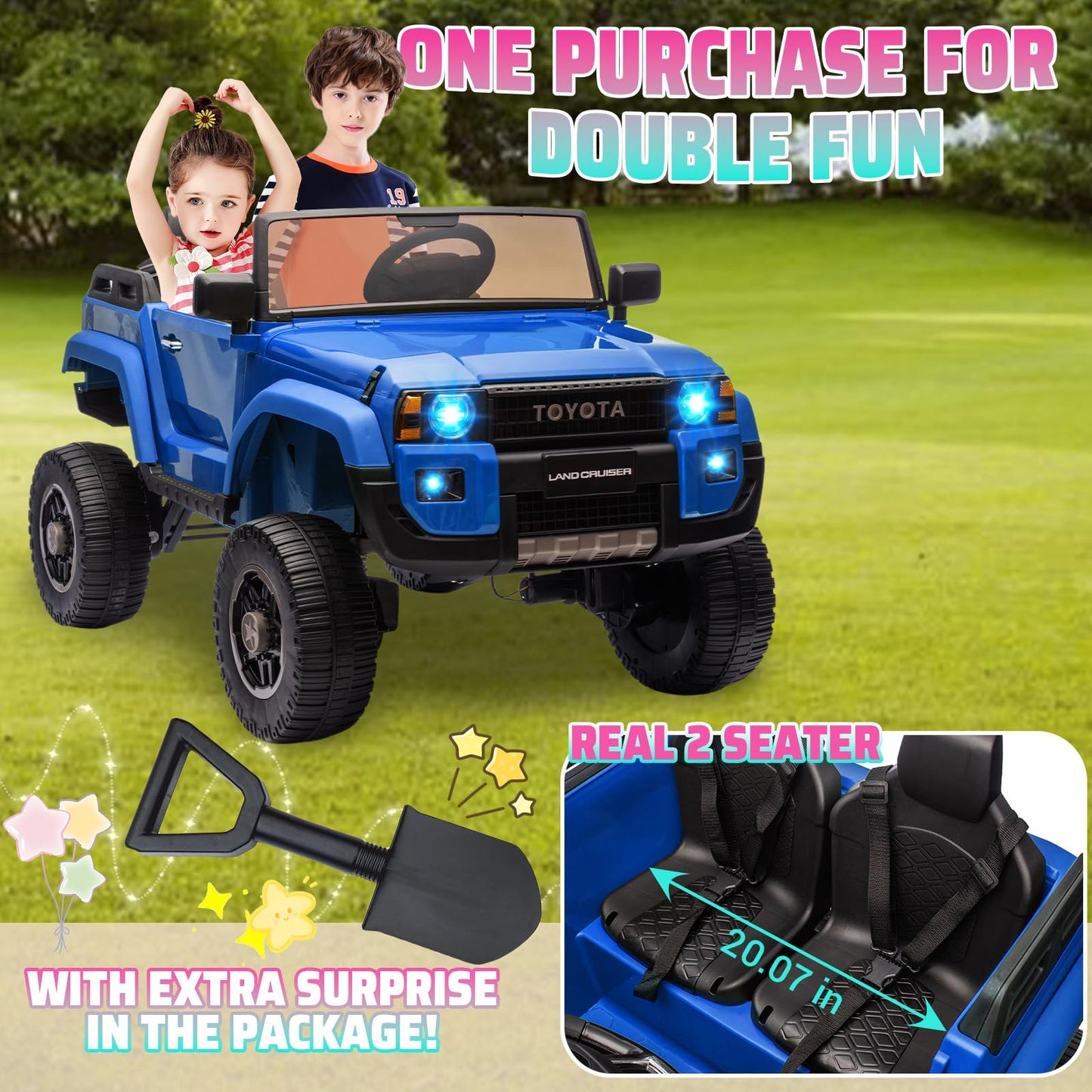 Garvee Ride P Series 24V 2 Seater Ride on Car, Garvee Licensed Toyota LC250 Ride on Toy for Big Kids with Remote Control, 4×100W Power 4 Wheels Ride on Truck with 4WD/2WD Switchable, Spring Suspension, Shovel, Music, Blue