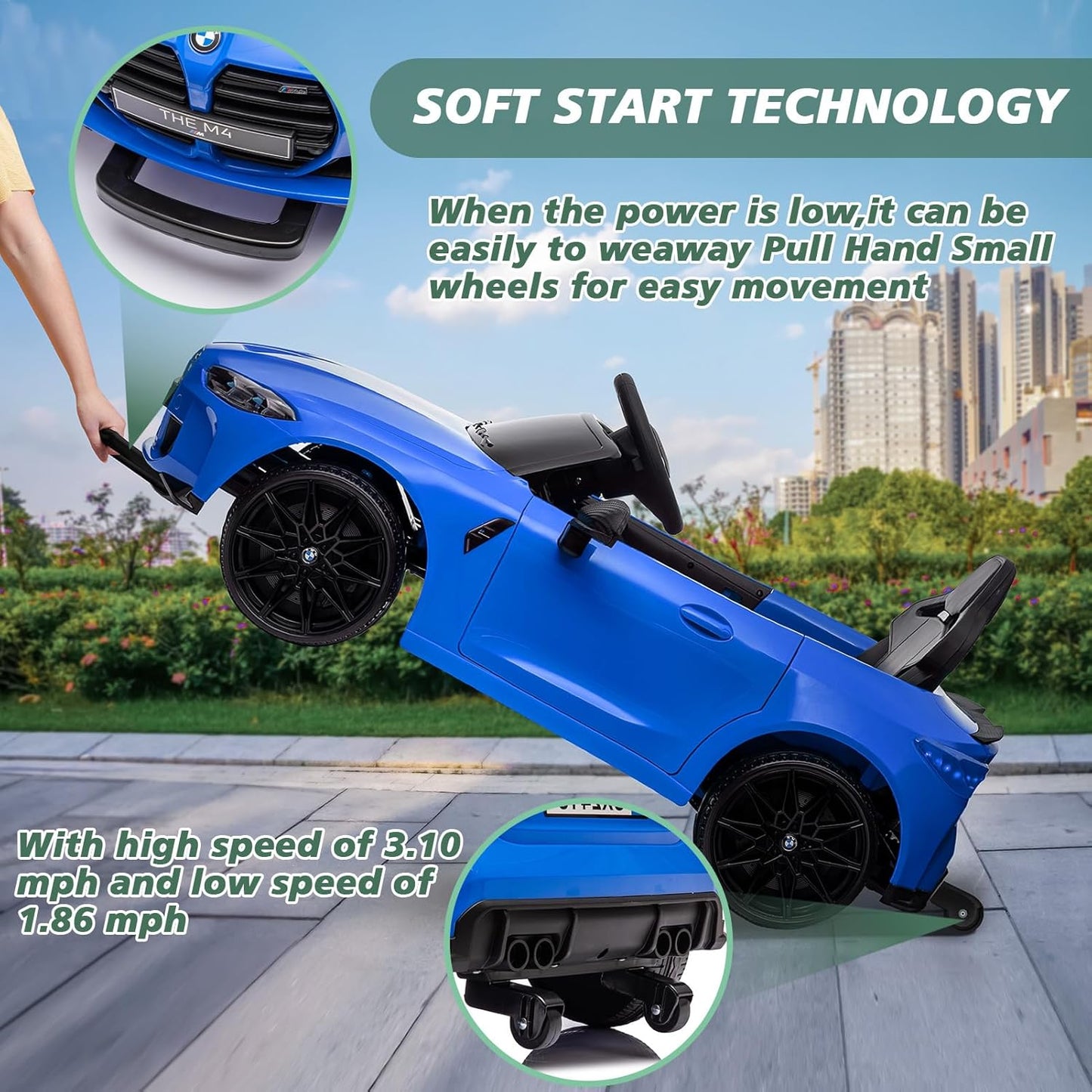 Garvee Ride - P Series: 12V Electric Ride On Car for 37-83 Months, w/RC,Licensed by BMW M4,Power Wheels for Boys Girls, with Suspension System,3 Speeds, Bluetooth, MP3, Double Door, LED Light - Blue