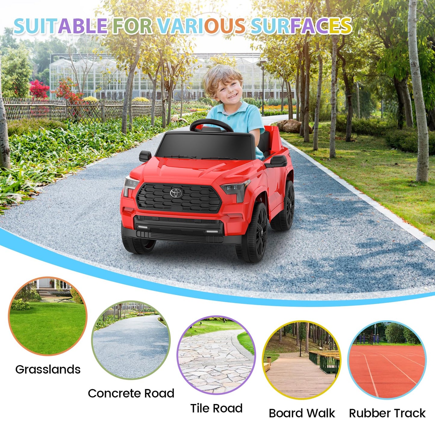Garvee Ride on Truck Car, 12V Licensed Toyota Electric Cars for Kids, Ride on Toys with Remote Control, Spring Suspension, LED Lights, Bluetooth, 3 Speeds - Red