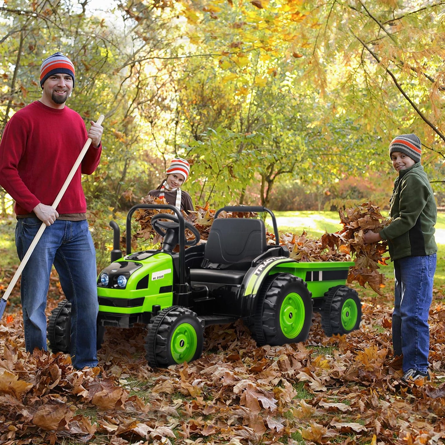 Garvee Ride - P Series: 12V Electric Ride-On Tractor for Kids with Trailer, Remote Control, Music, LED Lights, and Rear Wheel Suspension - Battery Powered Toy Vehicle - Green