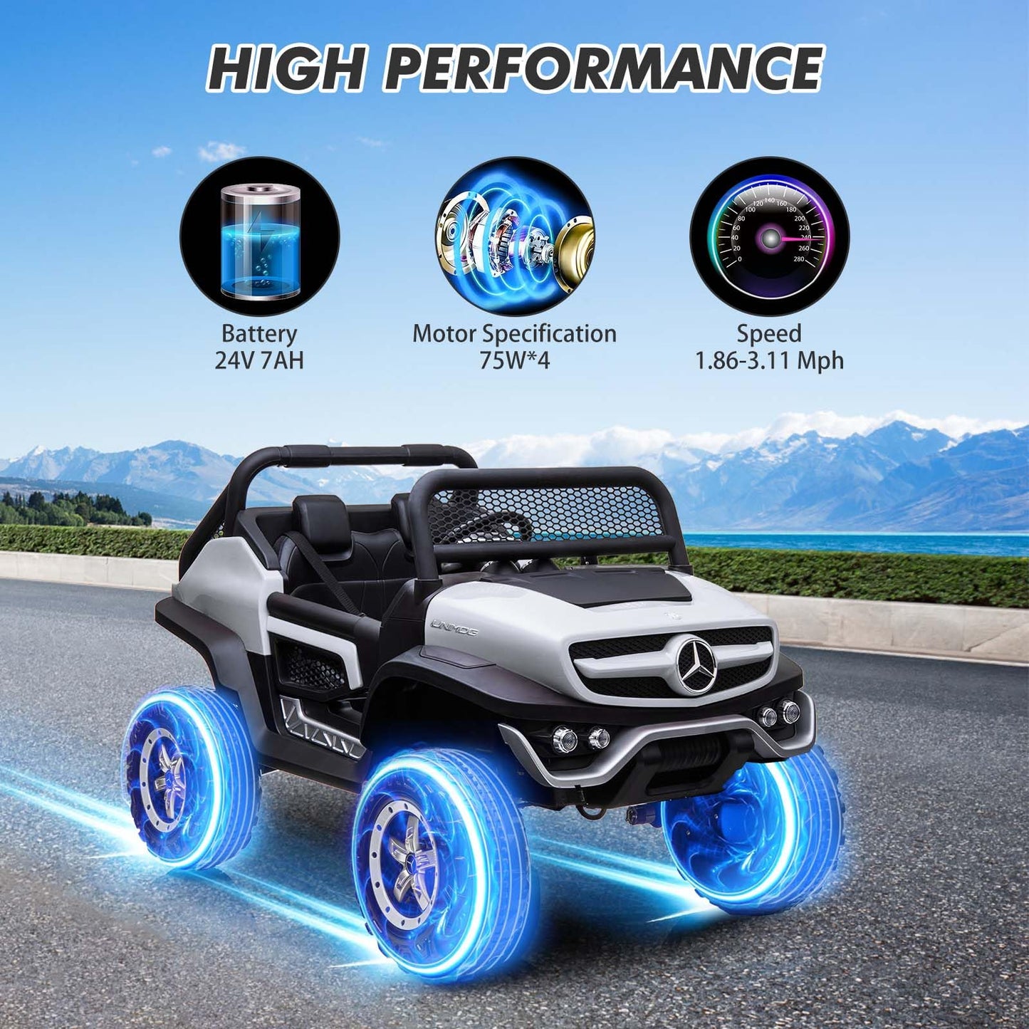 Garvee Ride - P Series: 2 Seater Kids Ride On Truck 24V Ride On Toy Licensed Mercedes Benz Battery Powered Electric Vehicle for Toddles With Remote Control, Battery Display, Trunk, Spring Suspension, LED Lights, Music, White