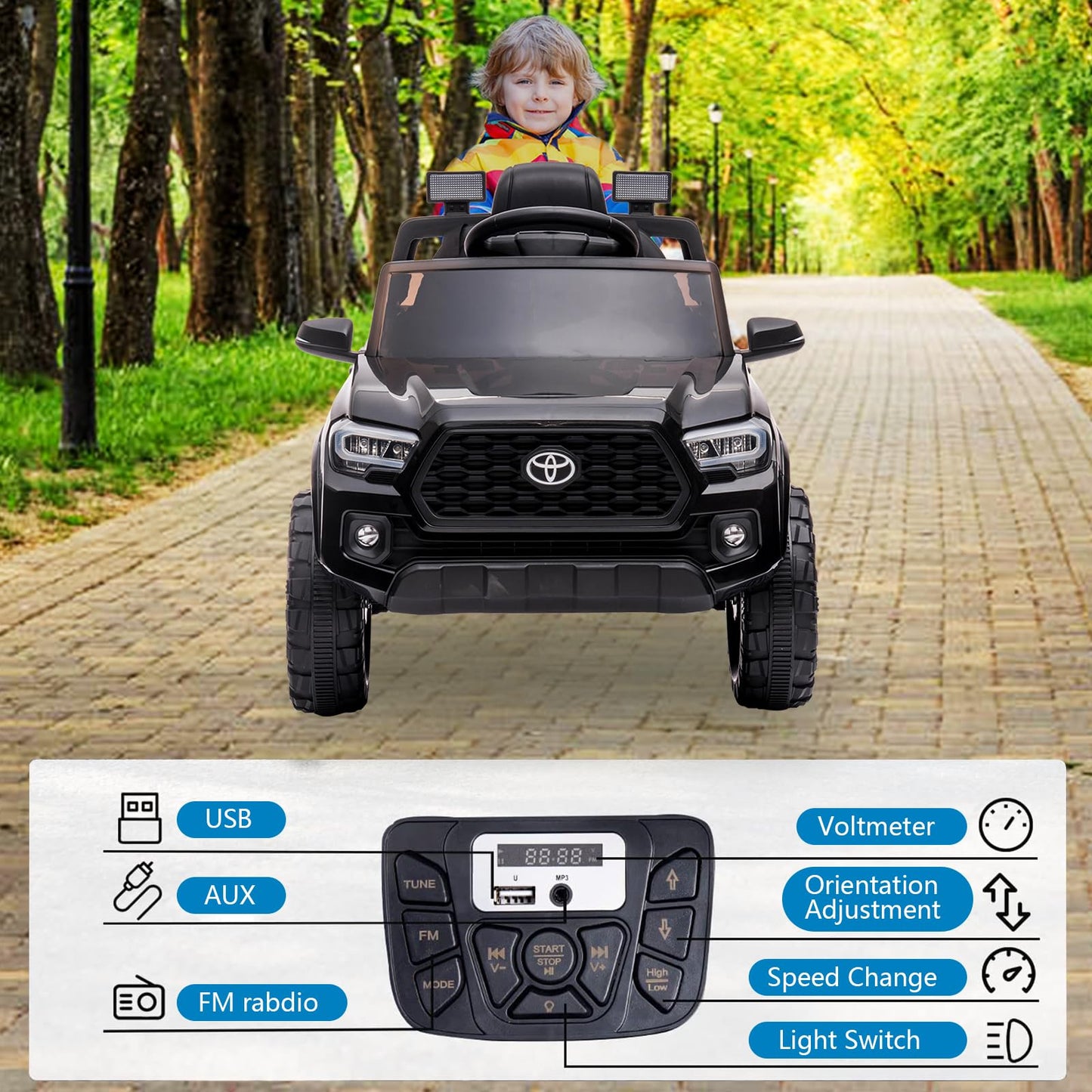 Garvee Ride - P Series: 12V Toyota Tacoma Kids Car, Spring Suspension, with LED Light - Black