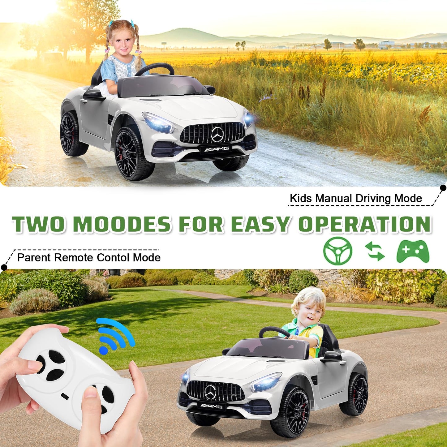 Garvee Ride Car for Kids, 12V Power Battery Electric Vehicles for 3-7 Toddlers, Licensed Mercedes-Benz with Remote Control, MP3 Player - White