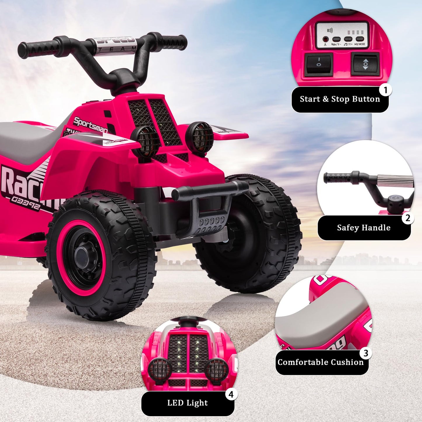 Garvee Ride - P Series: 6V Kids Ride On Electric ATV, Ride Car with LED Headlights, Ride-On Toy for Toddlers 1-3 Boys & Girls with Music, Forward & Reverse - Rose