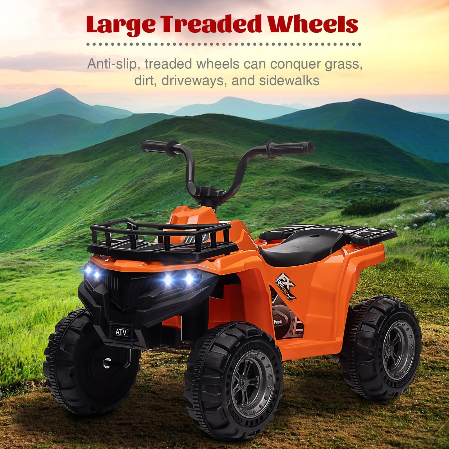 Garvee Ride - P Series: 12V Kids Ride-On Quad ATV: Non-Toxic, Bluetooth, LED, 2 Speeds, All-Terrain, Orange