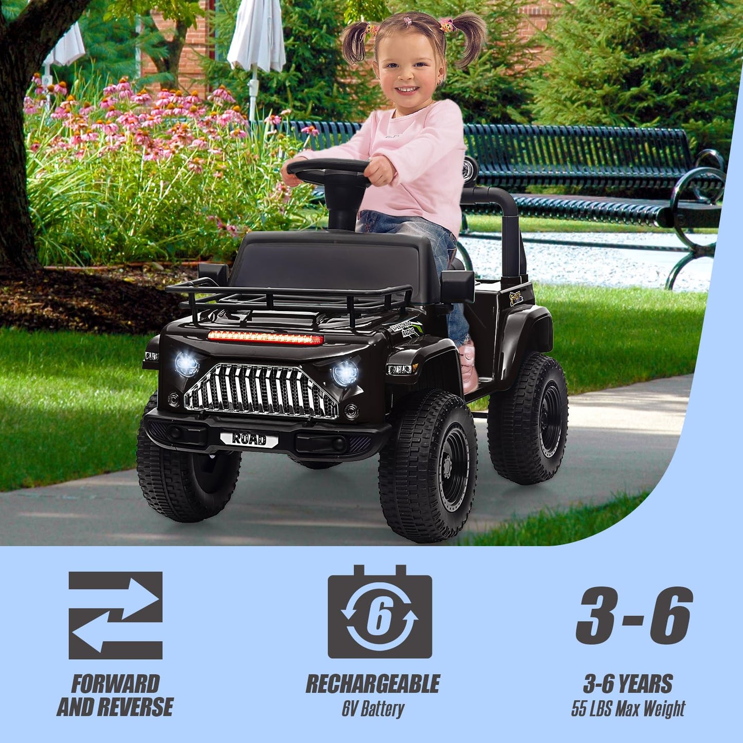 Garvee Ride - P Series: 6V Ride On Car for Toddlers - Battery Powered Electric Car with Music, LED Light, FM, Horn, Rear Storage, 4 Wheels - Black