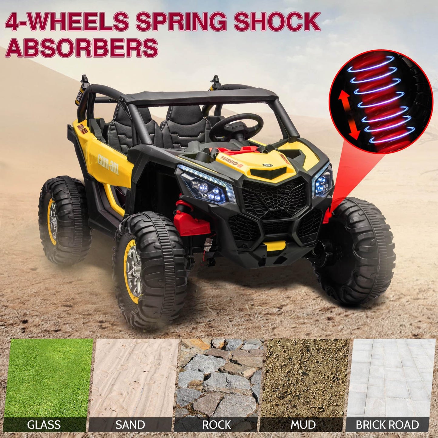 Garvee Ride - P Series: 24V 2 Seater Kids Ride on UTV Car For age 3+, w/Remote Control, 4WD Powerful Electric Vehicle with 4x75W Motors, 4 Shock Absorber, Leather Seat, Music and Light - Yellow