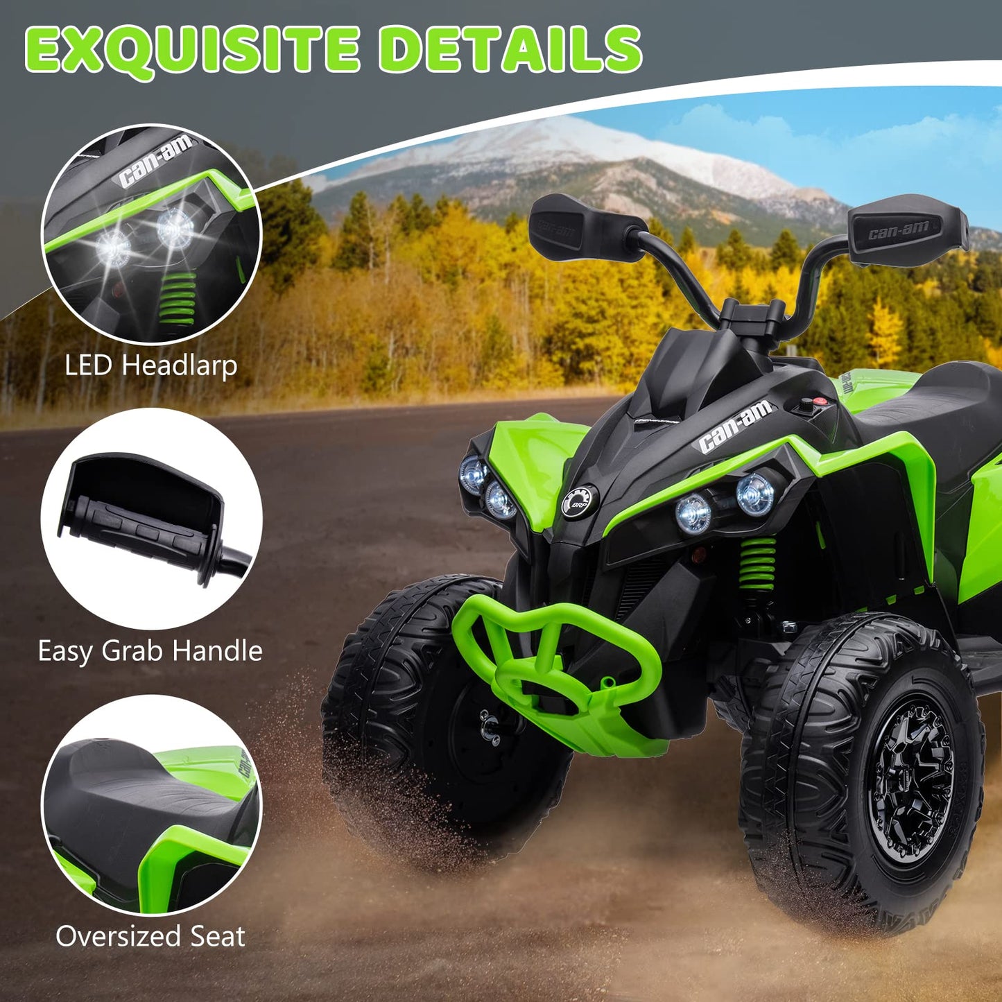 Garvee Ride - P Series: 12V Ride on Toy Car Bombardier Licensed BRP Can-am 4 Wheeler Quad Electric Vehicle, w/LED Lights, Spring Suspension, Bluetooth, Music, USB, Treaded Tires, White - Green