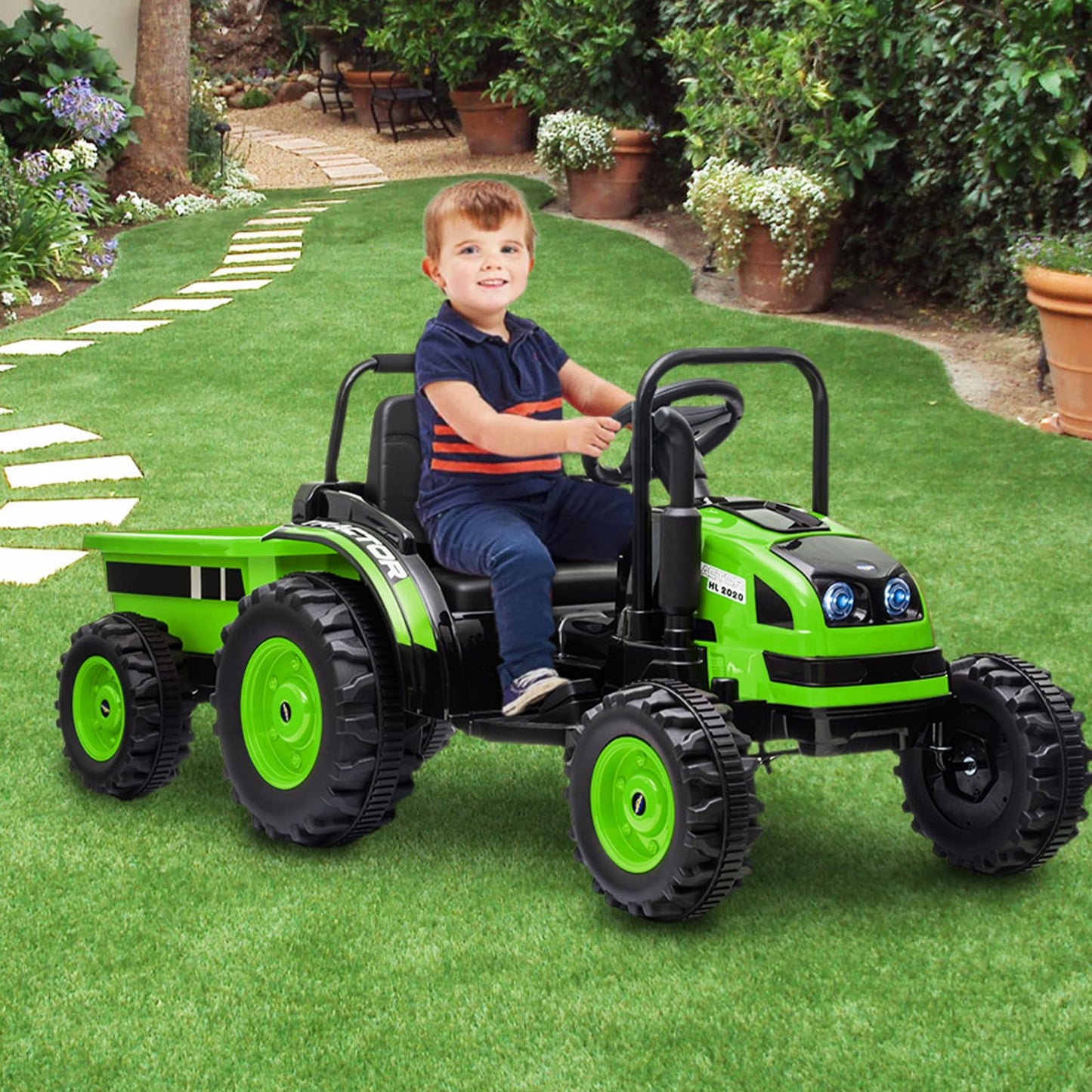 Garvee Ride - P Series: 12V Electric Ride-On Tractor for Kids with Trailer, Remote Control, Music, LED Lights, and Rear Wheel Suspension - Battery Powered Toy Vehicle - Green