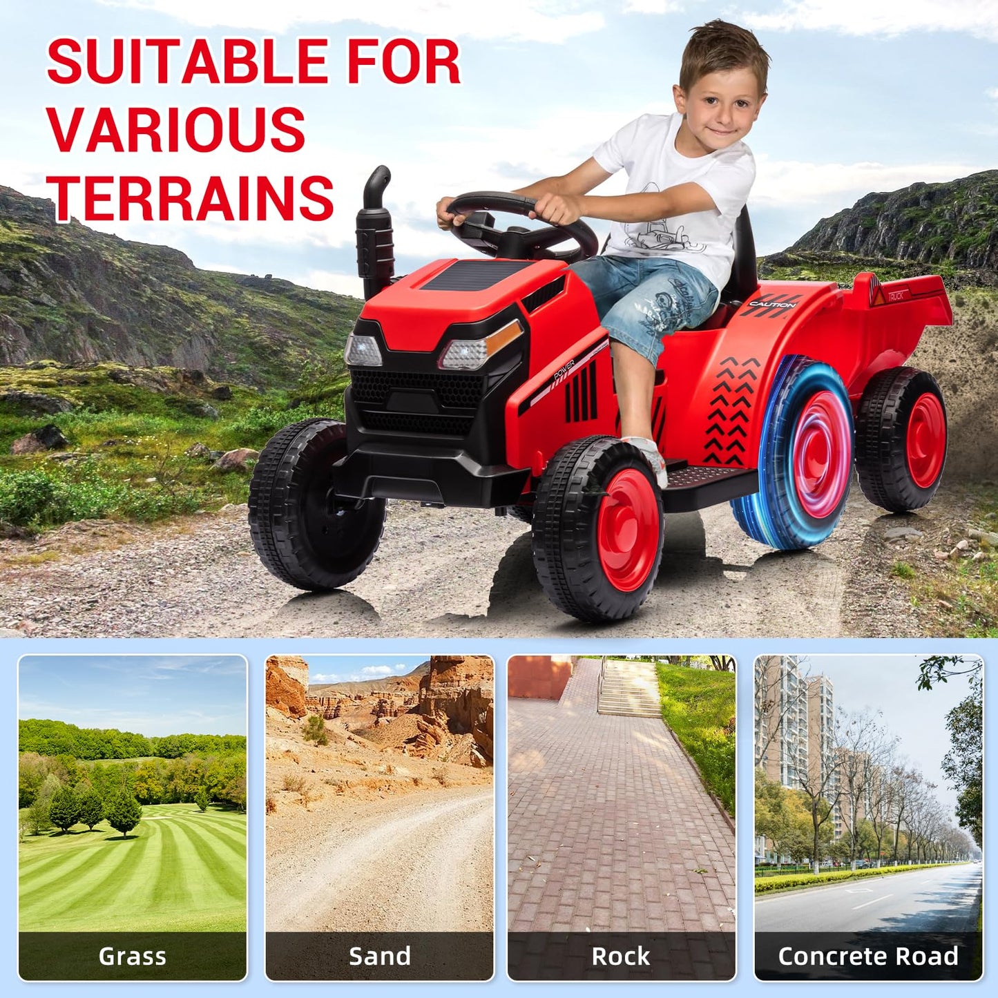 Garvee Ride - P Series: Kids Ride on Tractor with Trailer, Kids’ Electric Vehicles with Wear-Resistant Wheels, LED Headlights, Music & USB Port, Kids Ride on Car Toys for Toddlers Kids, Red