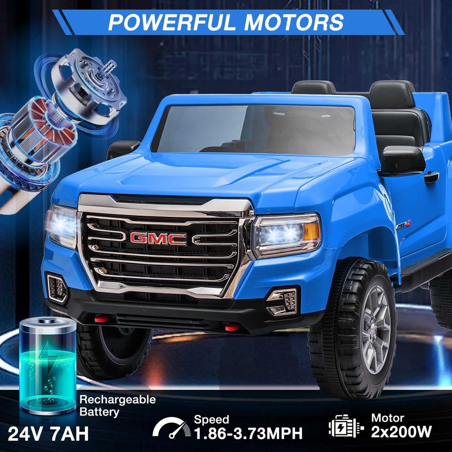 Garvee Ride - P Series: 24V 2-Seater Ride On Truck Car, Licensed GMC Battery Powered Electric Kids Car with Remote Control, LED Lights, MP3, 2 * 200W Motor, 20.5" Large Seat, Ride On Toys for Kids,Blue