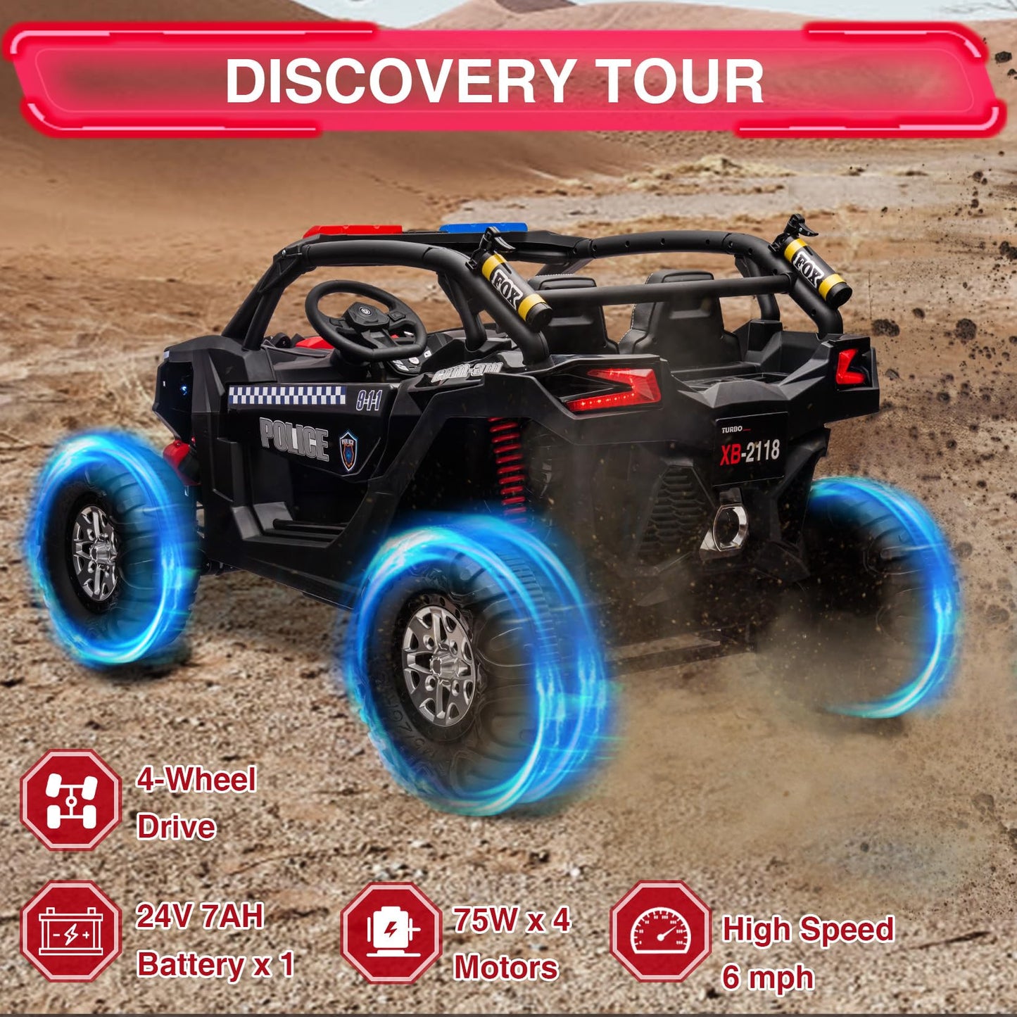 Garvee Ride - P Series: 24V 2 Seater Kids Ride on UTV Car For age 3+, w/Remote Control, 4WD Powerful Electric Vehicle with 4x75W Motors, 4 Shock Absorber, Leather Seat, Music and Light - Black