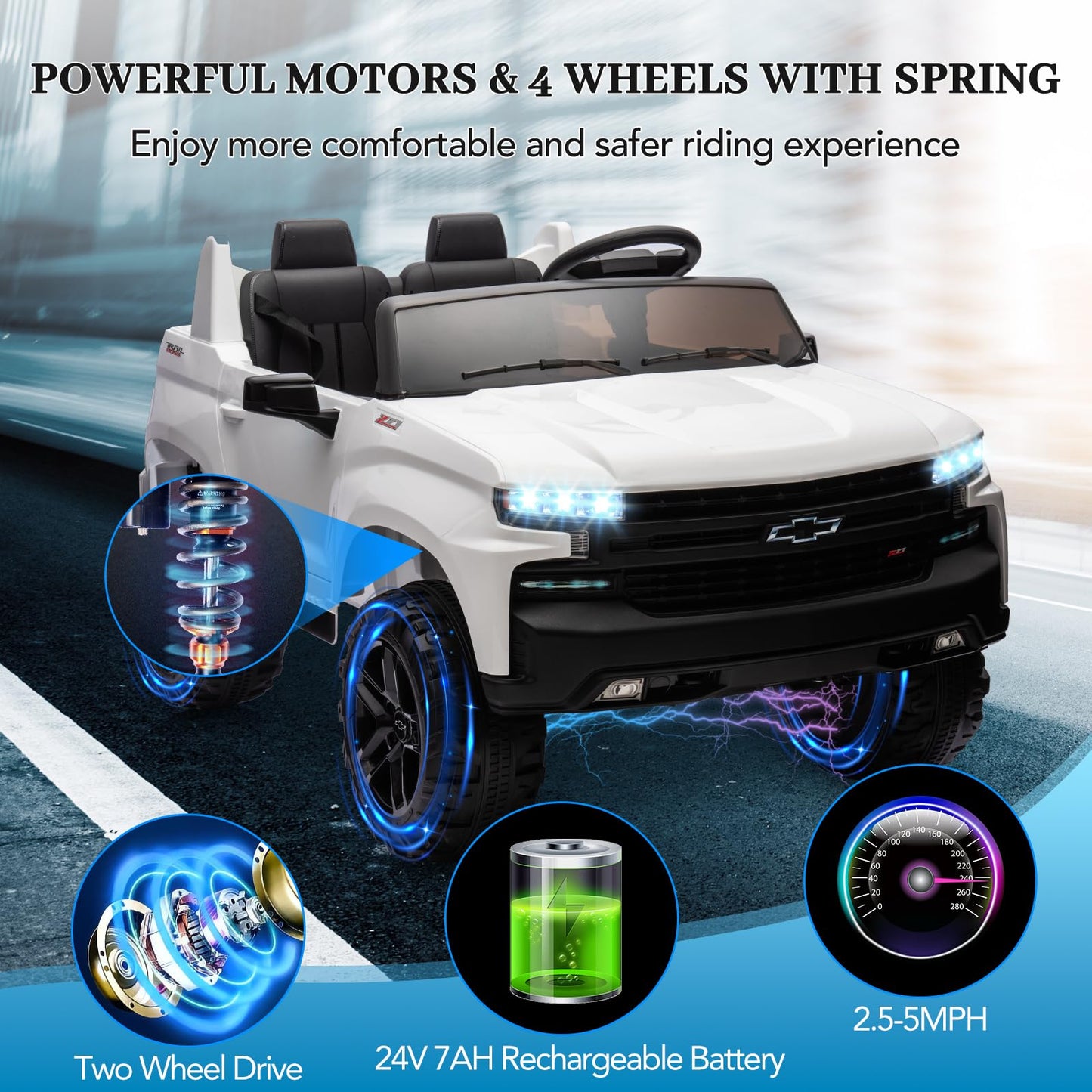 Garvee Ride - P Series: 24V 2-Seater Ride On Car For Kids For 3 - 8 years, Licensed Chevrolet Silverado - White