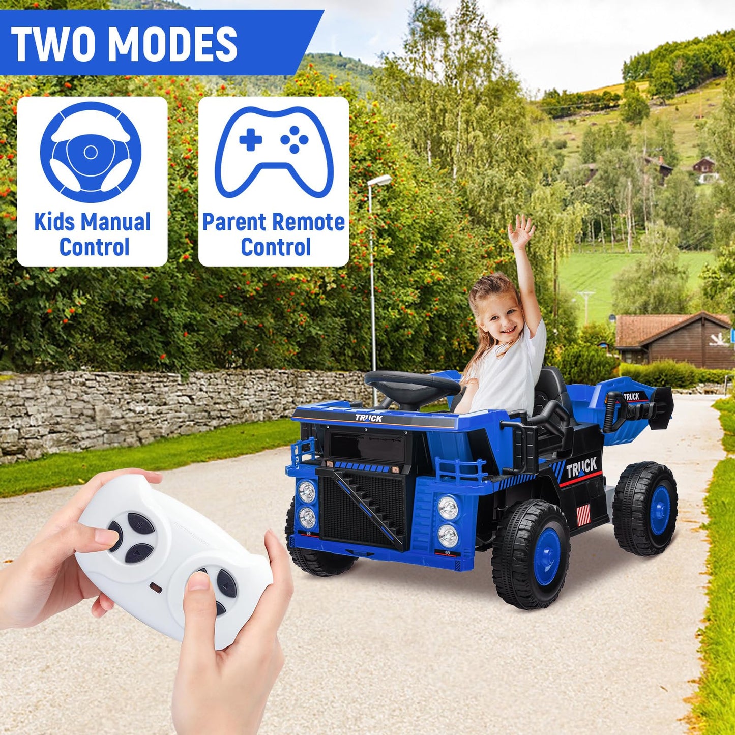 Garvee Ride - P Series: 12V Ride On Construction Vehicle for Kids With Remote Control, Electric Dump Bed,Shovel,Music Player, and Four Wheel Shock Absorption for Kids 3+(Blue)