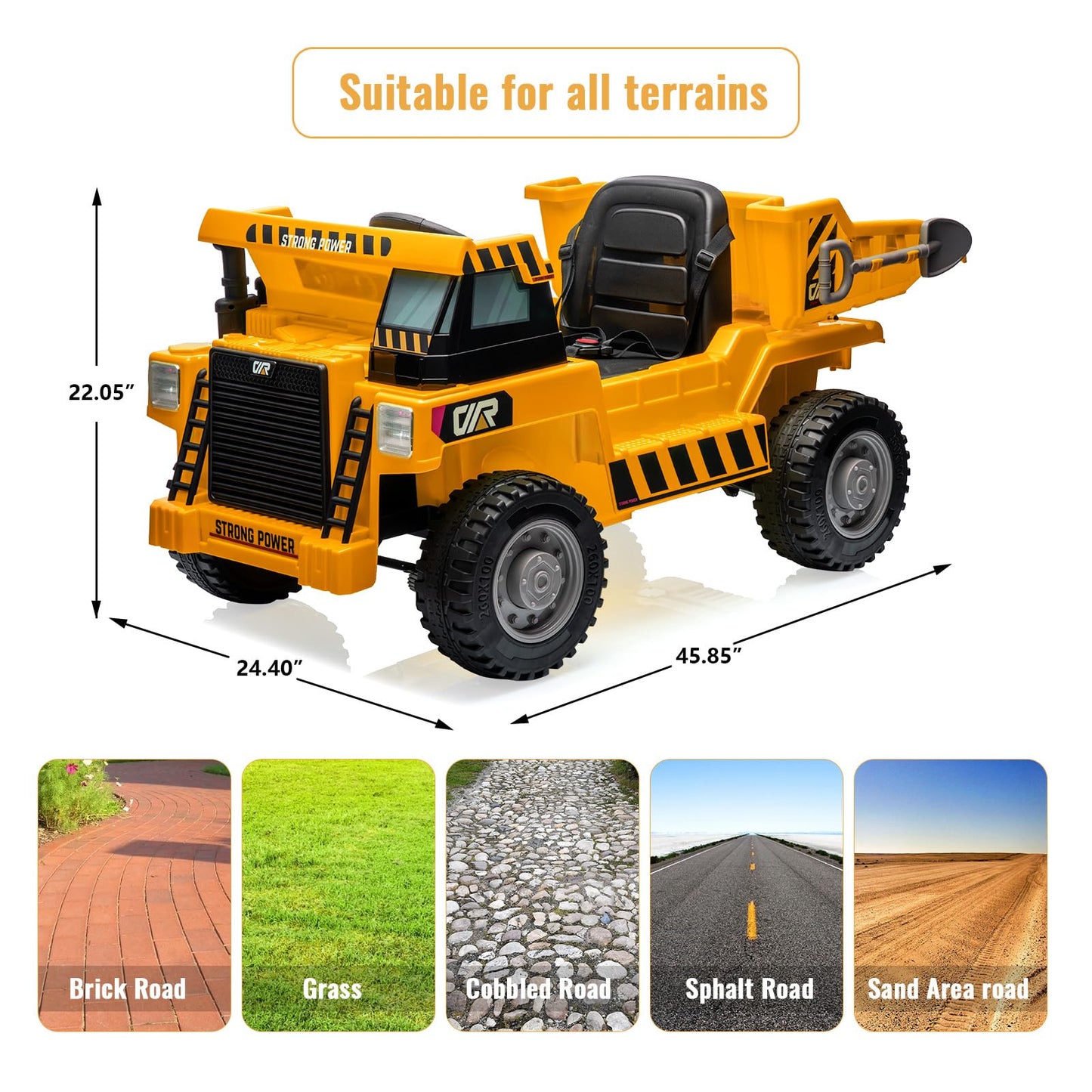 Garvee Ride - P Series: 12V with Electric Dump Bed, Remote Control, MP3, USB, Music Player, Yellow, Safe All-Terrain Tires