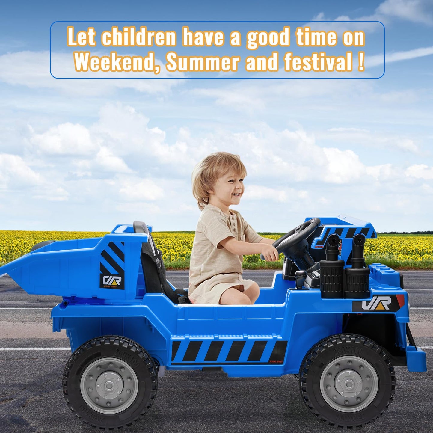 Garvee Ride - P Series: 12V Kids Ride on Dump Truck with Electric Bed, Remote Control, USB, MP3, Music, Battery Indicator, Blue