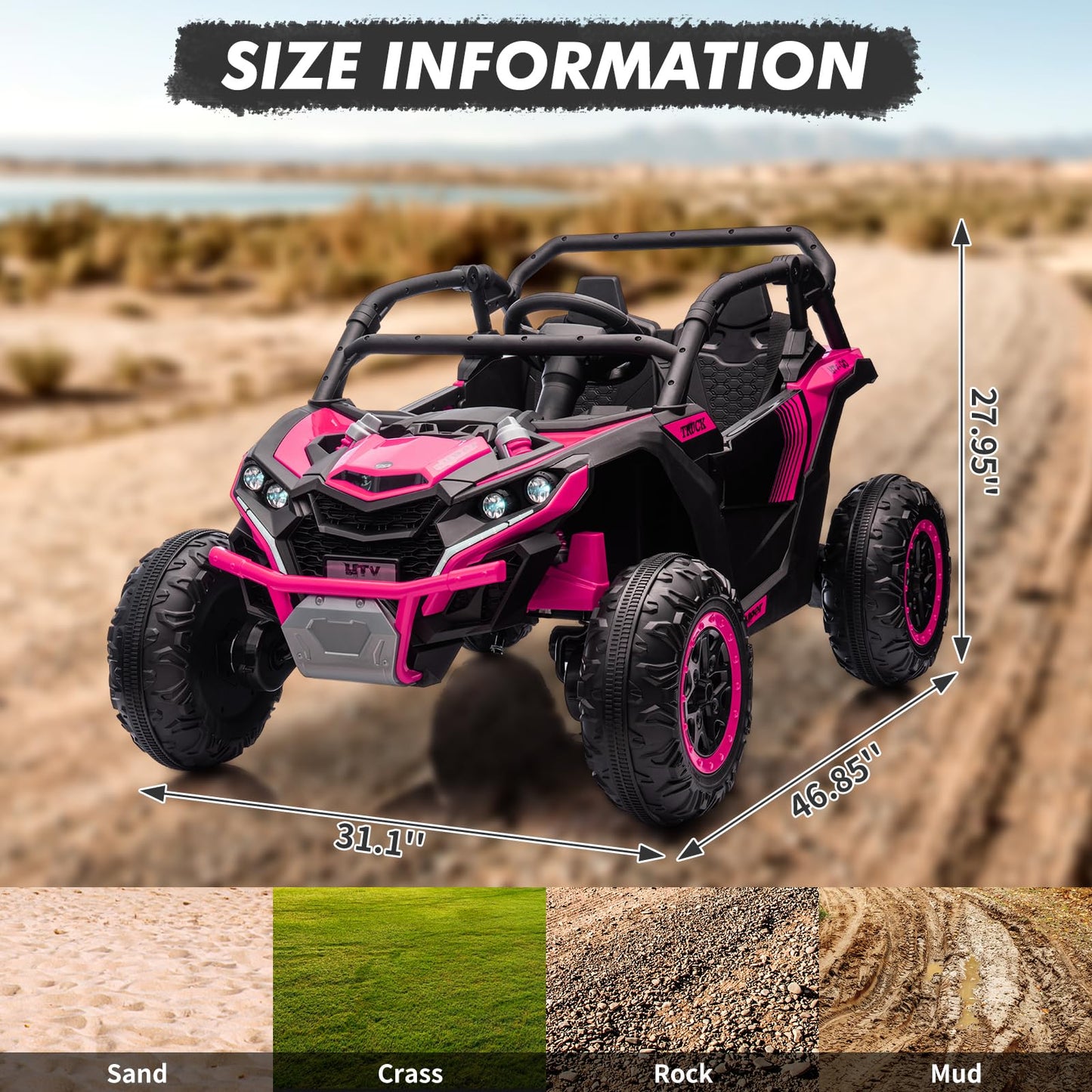 Garvee Ride - P Series: 24V Ride On Utv For Kids,2 Seater 4WD Electric Truck With Remote Control, High And Low Speed Adjustment, Led Lights, 4 Shock Absorbersm,One Click Start, Music Player(Rose)