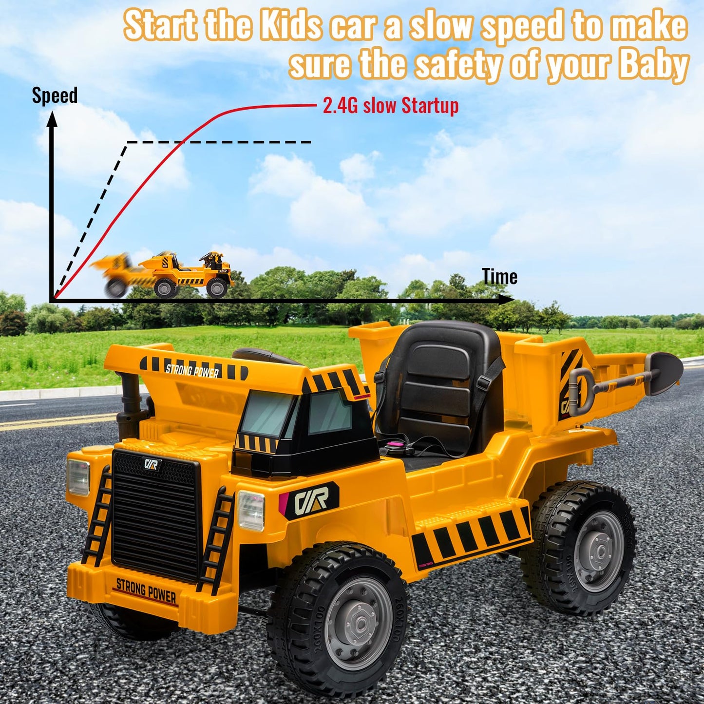 Garvee Ride - P Series: 12V with Electric Dump Bed, Remote Control, MP3, USB, Music Player, Yellow, Safe All-Terrain Tires