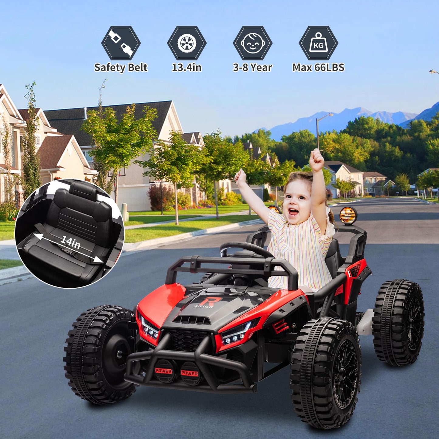 Garvee Ride - P Series: 24V Electric UTV,Ride On Toys for Big Kids,2x130W Powerful Electric Car with Remote Control， 4 Shock Absorbers，LED Lights,Music for Boys and Girls,Red