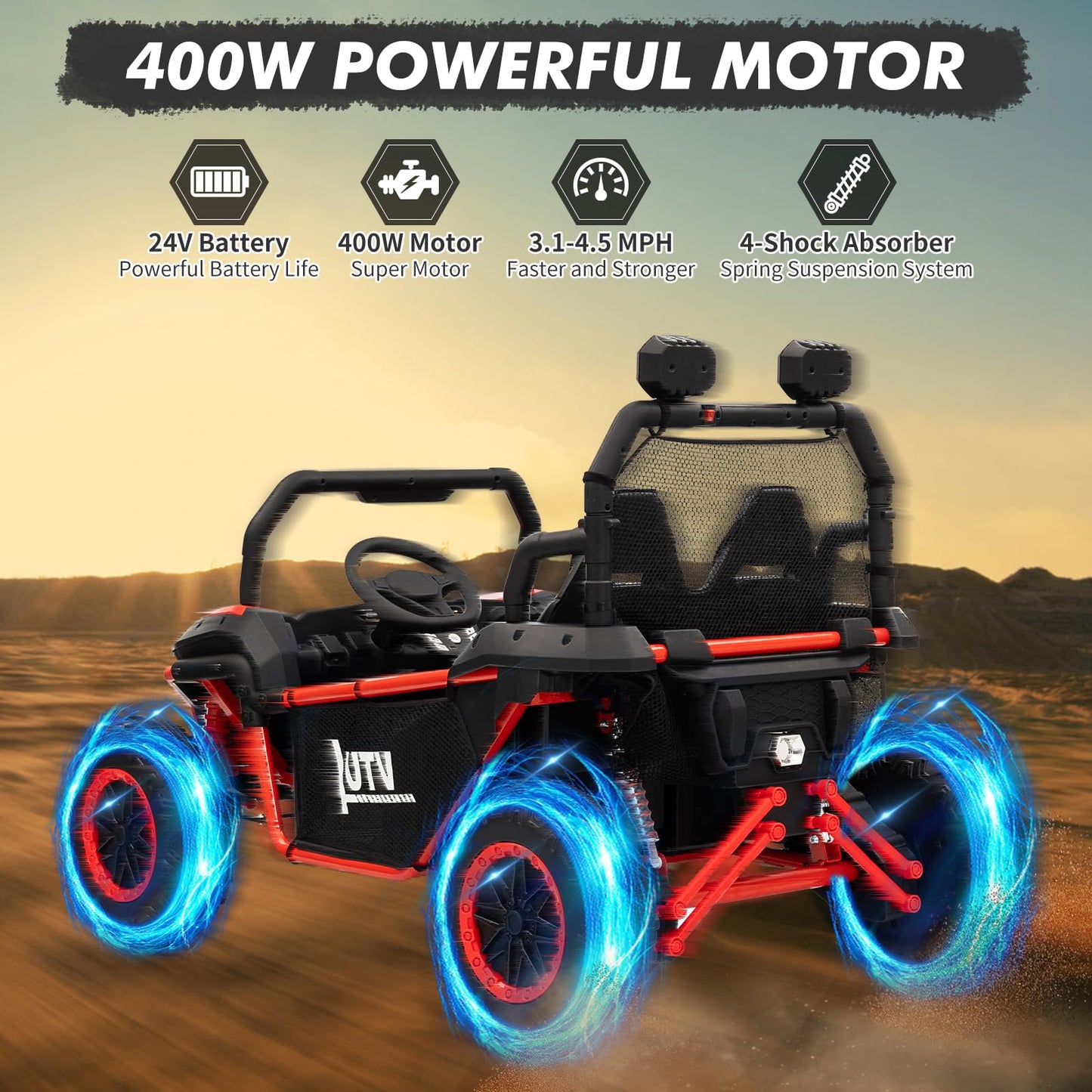 Garvee Ride - P Series: 24V 2 Seater Ride On Car, XXXL Off-Road Utv for Kids w/Metal Frame, 20 Inch Wide Seat, 400W Electric Vehicle Toy Car w/Pop Music, 3 Speeds for Boys and Girls,Red