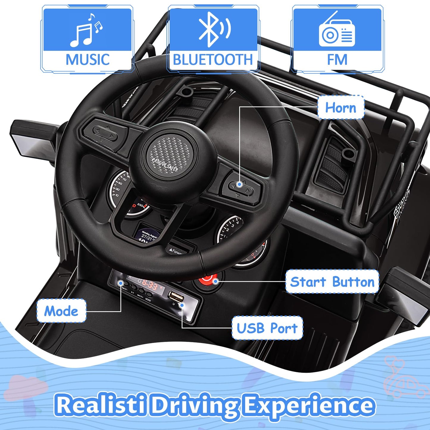 Garvee Ride - P Series: 6V Ride On Car for Toddlers - Battery Powered Electric Car with Music, LED Light, FM, Horn, Rear Storage, 4 Wheels - Black