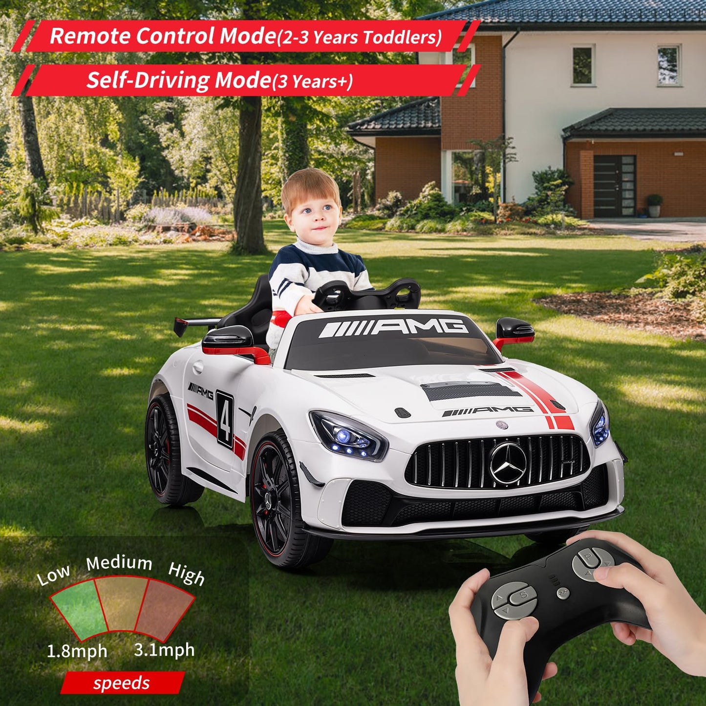 Garvee Ride on Car for Kids with Remote Contorl, 12V Licensed Benz AMG Electric Vehicles Battery Powered Sports Car,Sound System, LED Headlights,One Button Assemble Wheels for 3-8 Years Boys Girls - White