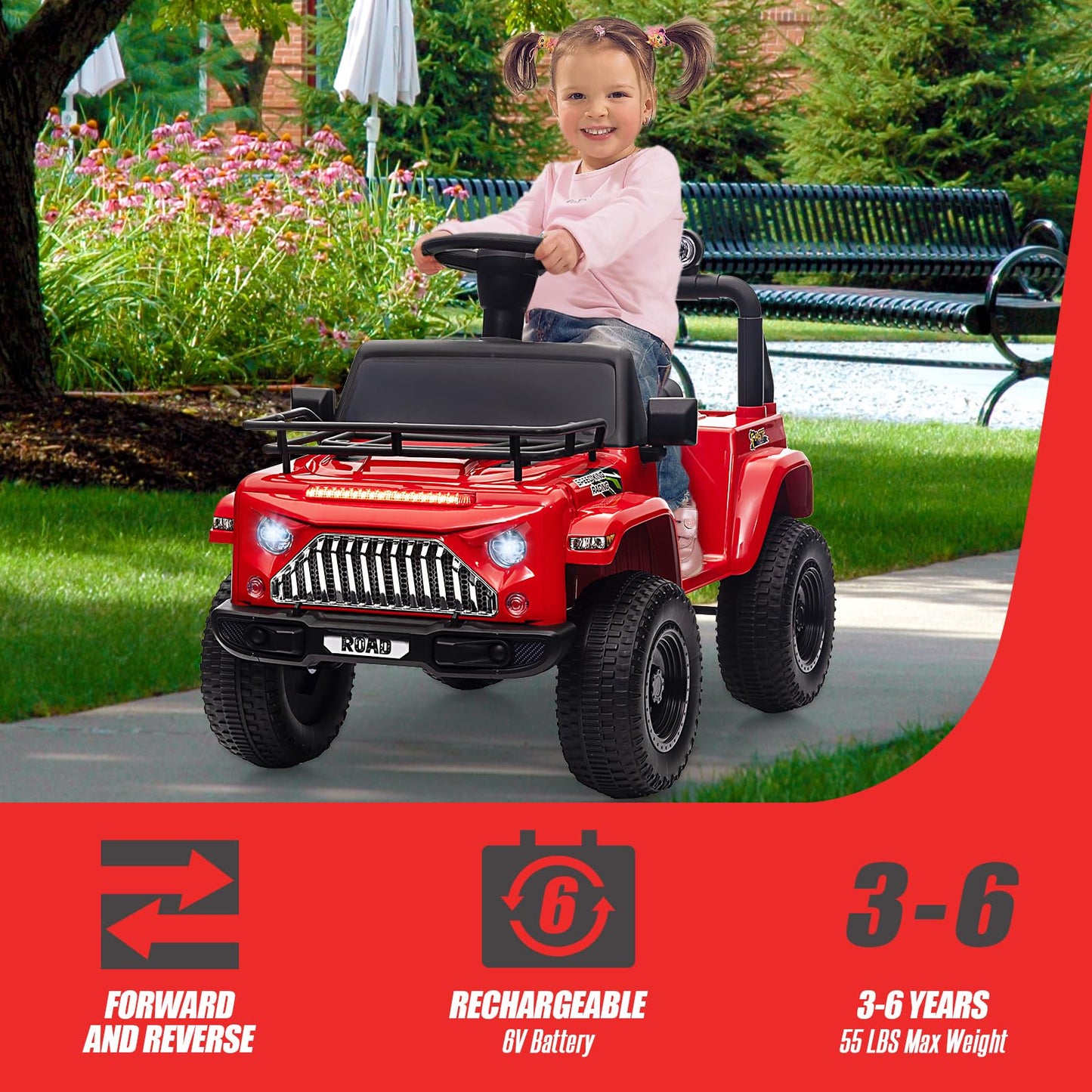 Garvee Ride - P Series: 6V Ride On Car for Toddlers - Battery Powered Electric Car with Music, LED Light, FM, Horn, Rear Storage, 4 Wheels - Red