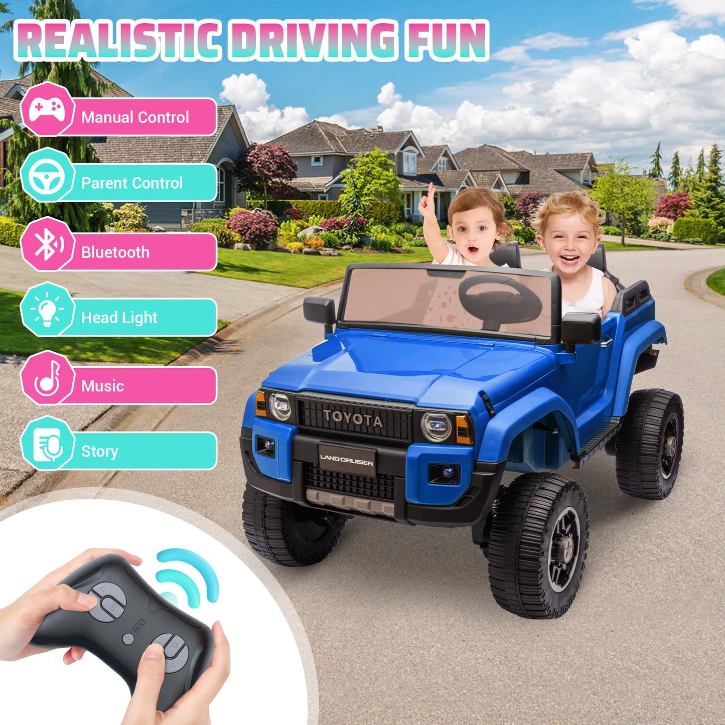 Garvee Ride P Series 24V 2 Seater Ride on Car, Garvee Licensed Toyota LC250 Ride on Toy for Big Kids with Remote Control, 4×100W Power 4 Wheels Ride on Truck with 4WD/2WD Switchable, Spring Suspension, Shovel, Music, Blue