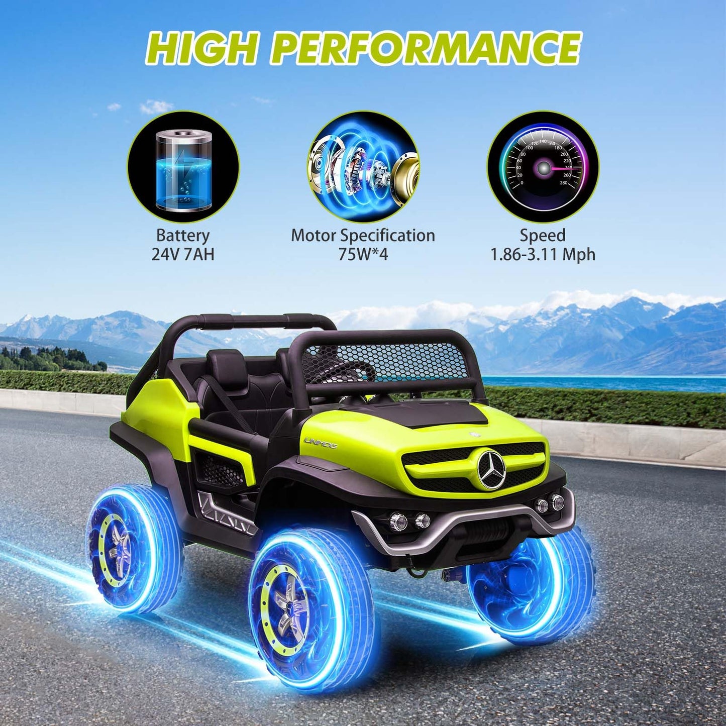 Garvee Ride - P Series: 2 Seater Kids Ride On Truck 24V Ride On Toy Licensed Mercedes Benz Battery Powered Electric Vehicle for Toddles With Remote Control, Battery Display, Trunk, Spring Suspension, Led Lights, Music, Green