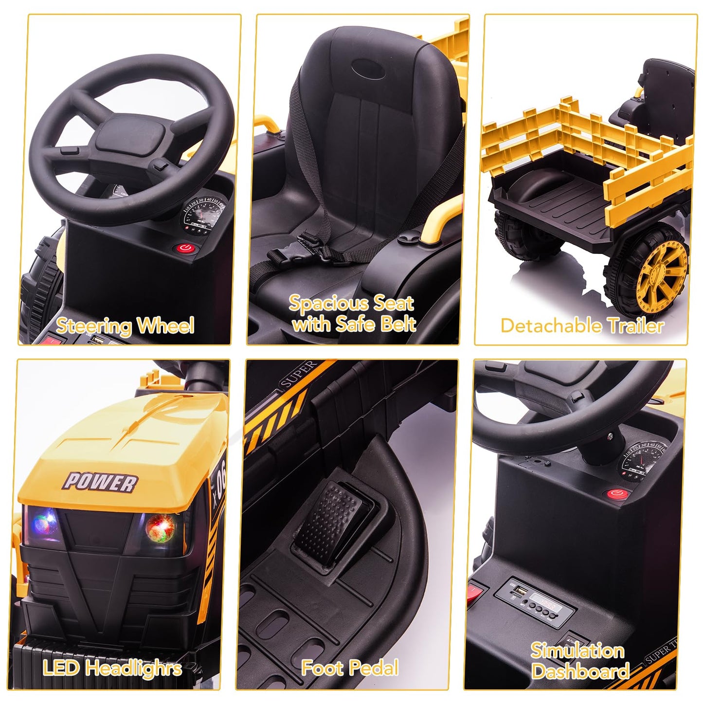 Garvee Ride - P Series: 12V Kids Ride On Tractor with Trailer, LED Lights for Boy Girl - Yellow