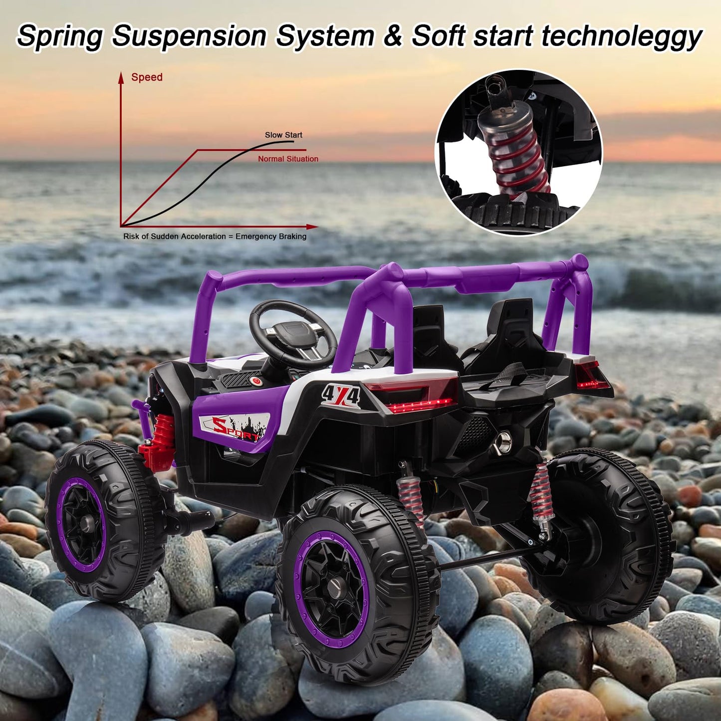 Garvee Ride - P Series: 24V 2-Seater Ride-On UTV: 4WD, Remote Control, Metal Frame, EVA Wheels, LED Lights, Spring Suspension, for Ages 3+ - Purple