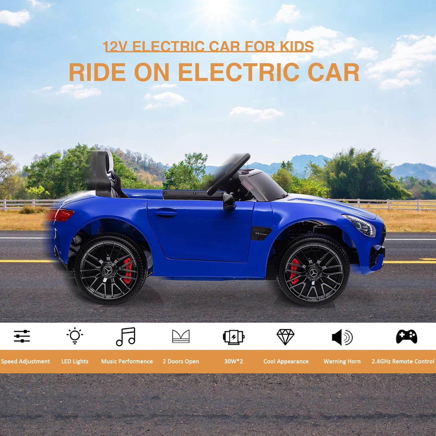 Garvee Ride Car for Kids, 12V Power Battery Electric Vehicles for 3-7 Toddlers, Licensed Mercedes-Benz with Remote Control, MP3 Player - Blue