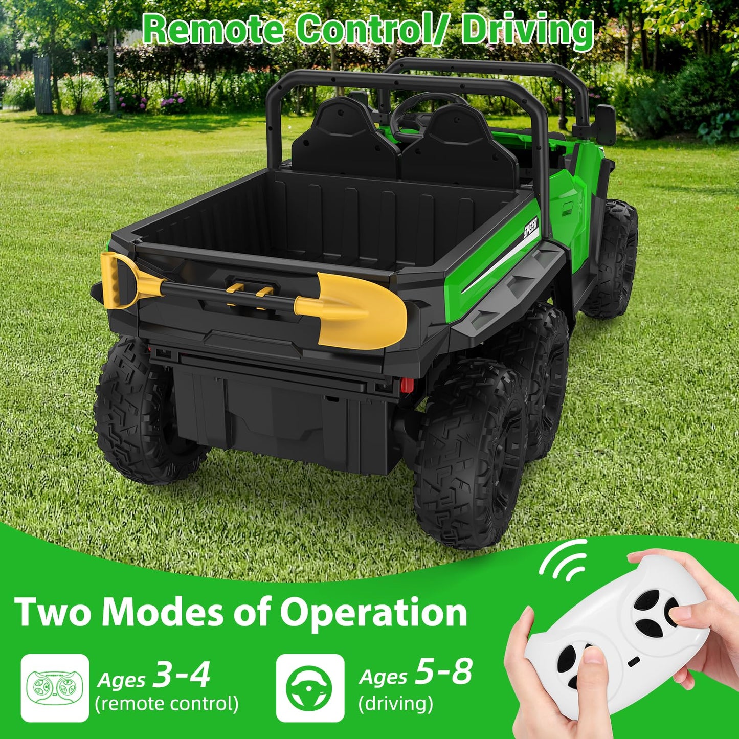 Garvee Ride - P Series: 24V 4WD Electric Ride On Dump Truck with Remote Control, 2-Seater, Music Player, LED Lights, Key Start Safety System, Durable Plastic, Off-Road Kids Toy for Ages 3+ - Green