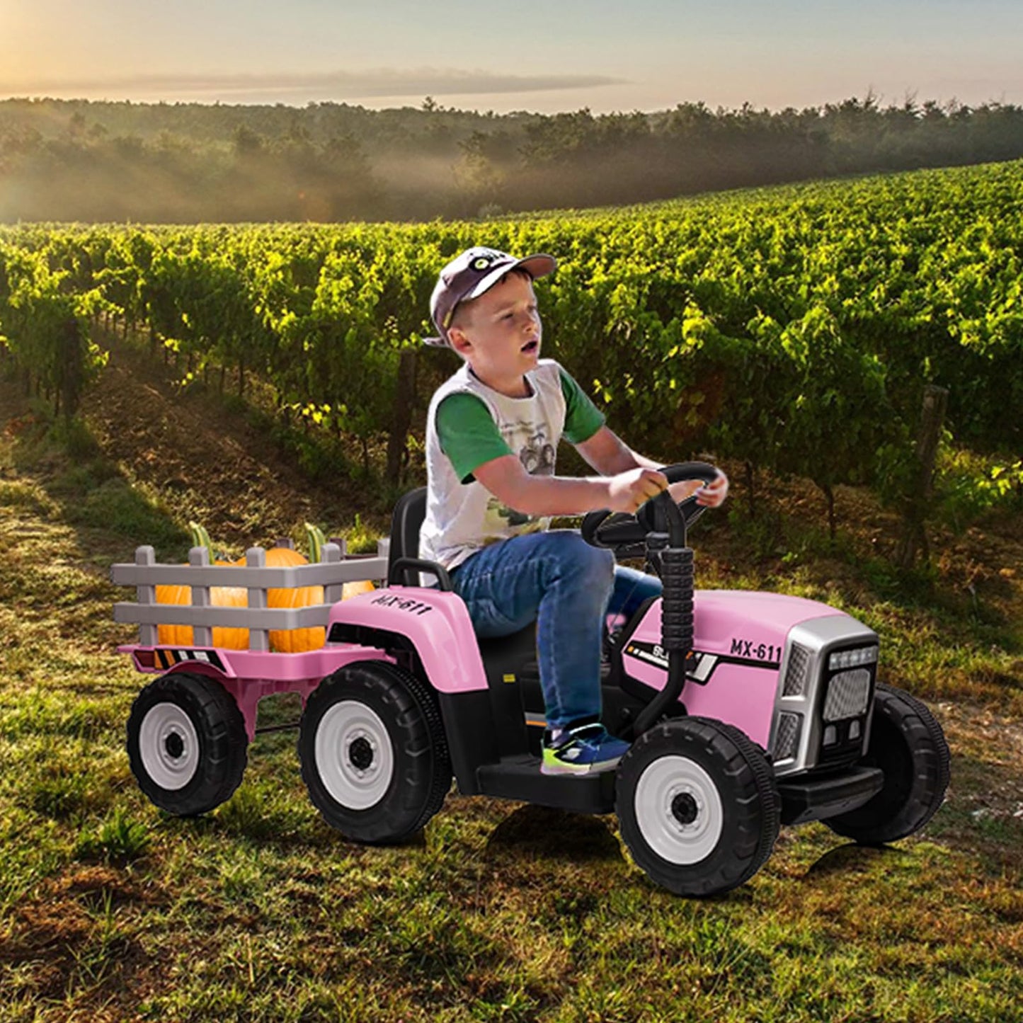 Garvee Ride - P Series: 12V Electric Tractor & Trailer for Kids, 3-6 Yrs - With RC - Pink / 35W