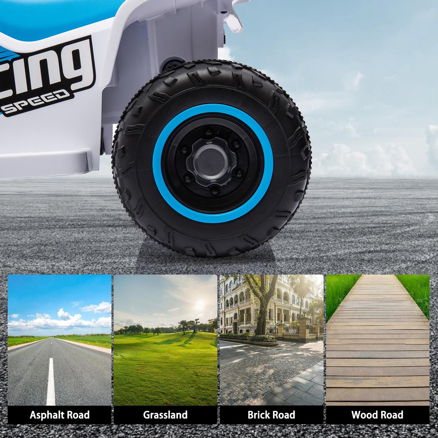 Garvee Ride - P Series: 6V Kids Ride On Electric Quad ATV, Ride Car with LED Headlights, Ride-On Toy for Toddlers 1-3 Boys & Girls with Music, Forward & Reverse - Blue and white