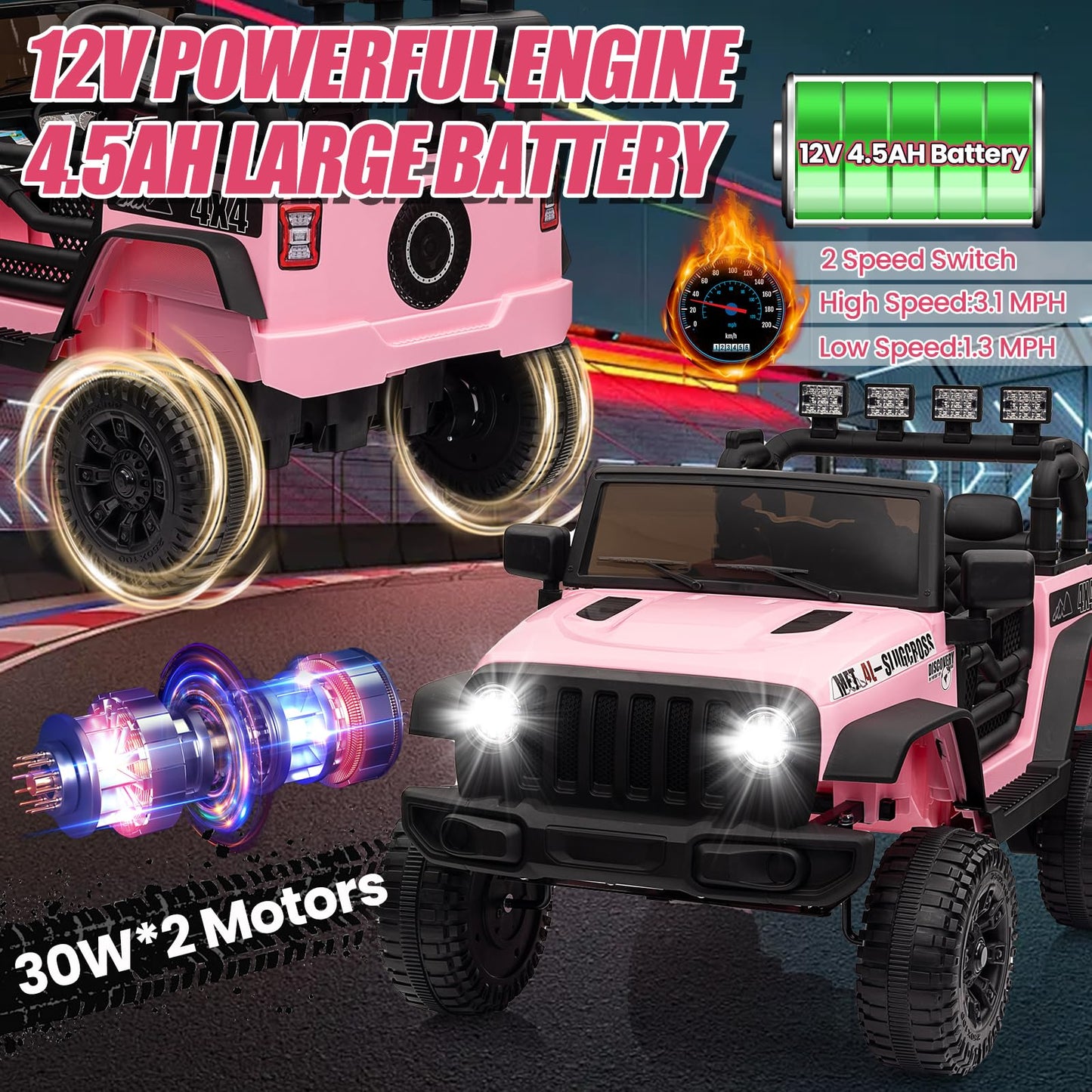 Garvee Ride - P Series: 12V Kids Electric Vehicles with Remote Control, 2 Speeds, Spring Suspension, LED Headlight, Bluetooth, Music, Battery Powered Car for Kids - Pink