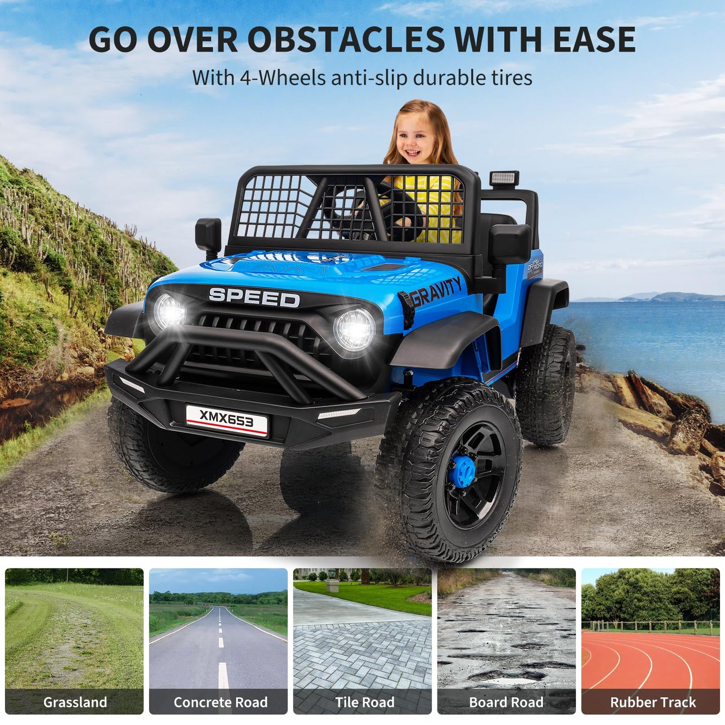 Garvee 12V Kids Ride On Truck Car with Parent Remote Control, 3 Speeds, Emergency Braking, LED Lights, Music & Horn, Blue, Outdoor Adventure Toy