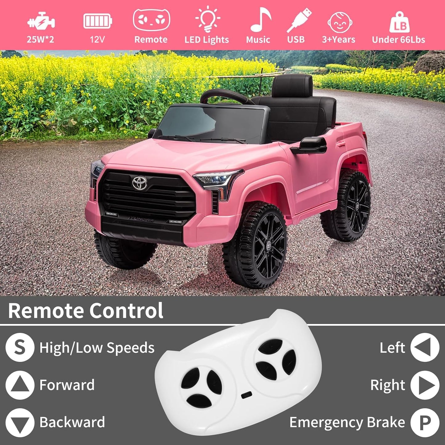 Garvee Ride - P Series: 12V Ride on Car For Kids Age 3+ , Licensed Toyota, with Remote Control, MP3, LED Lights, Suspension System, Double Doors, Safety Belt, Ride On Toys for Boys Girls - Pink