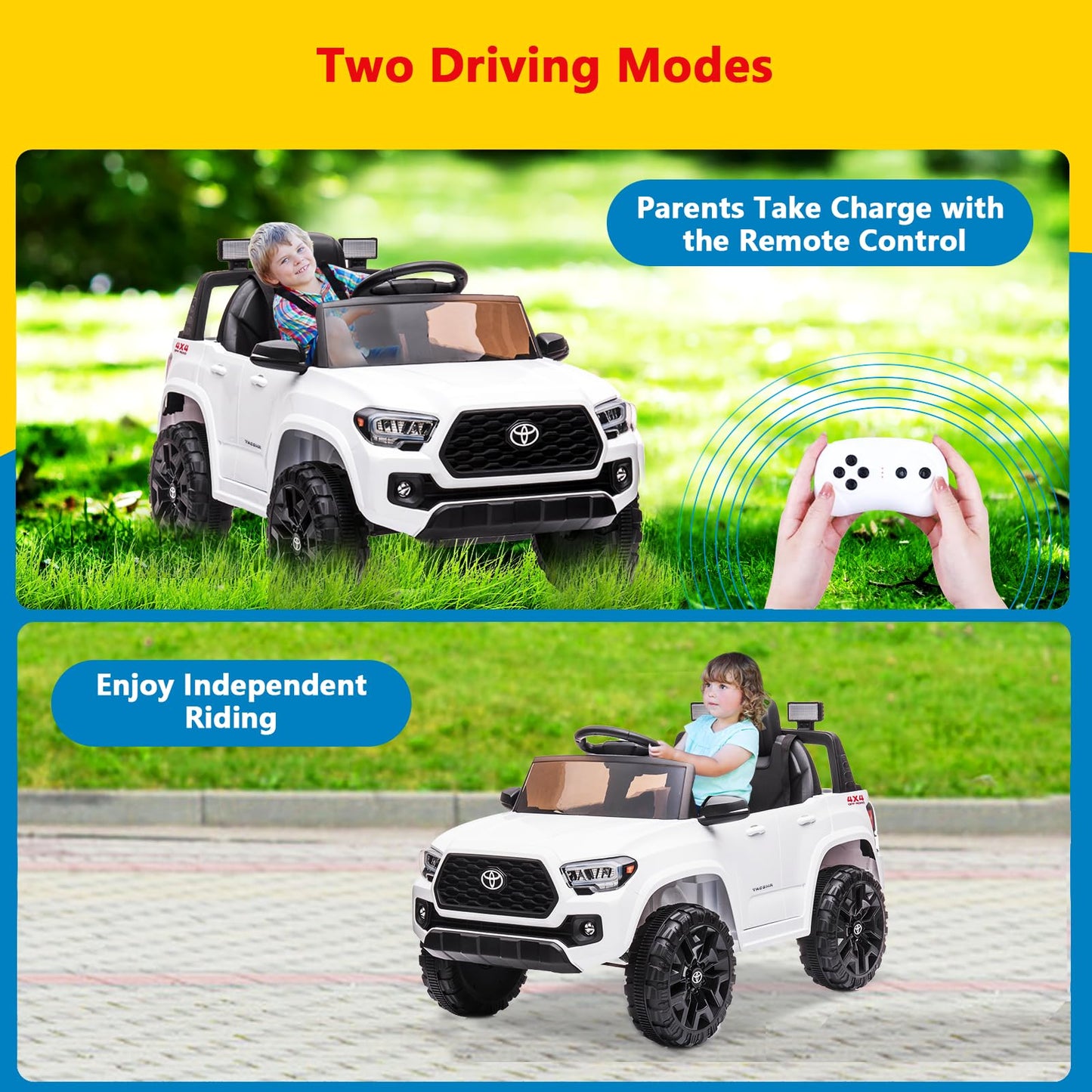 Garvee Ride - P Series: 12V Toyota Tacoma Kids Car, Spring Suspension, with LED Light - White