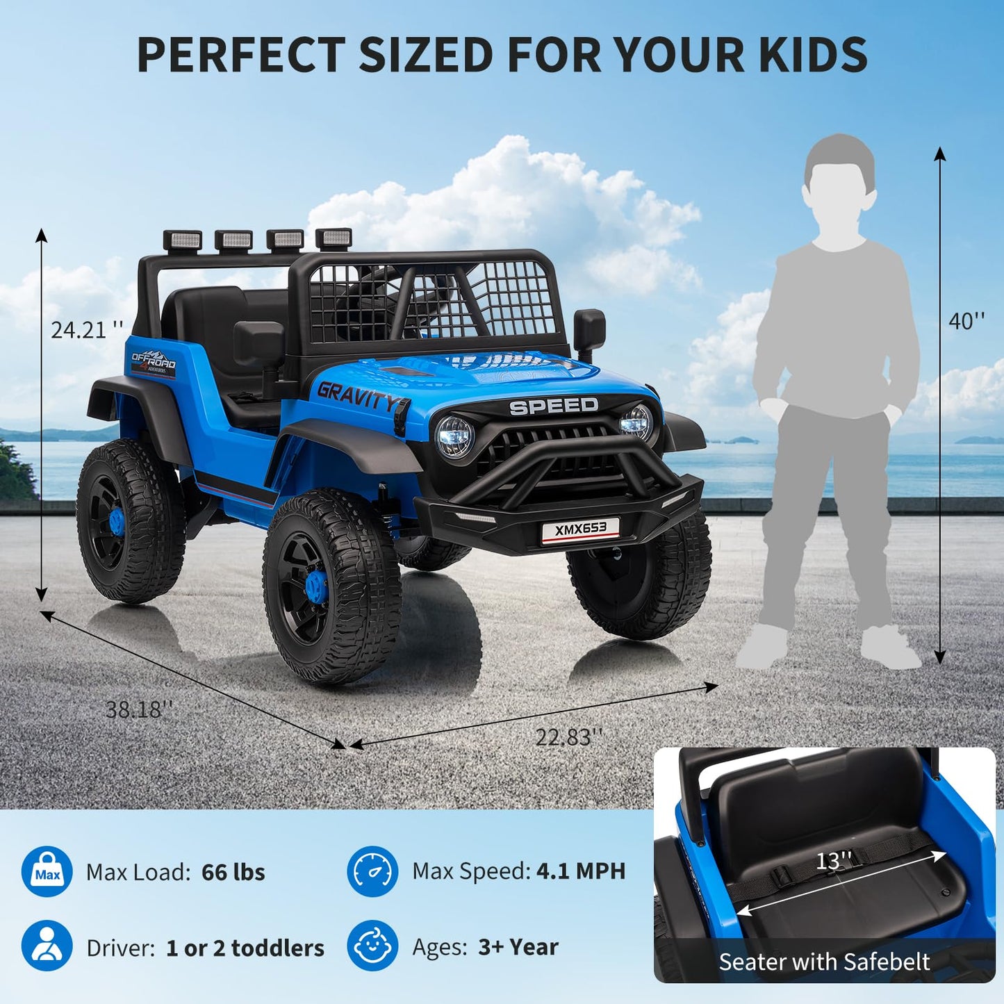 Garvee 12V Kids Ride On Truck Car with Parent Remote Control, 3 Speeds, Emergency Braking, LED Lights, Music & Horn, Blue, Outdoor Adventure Toy