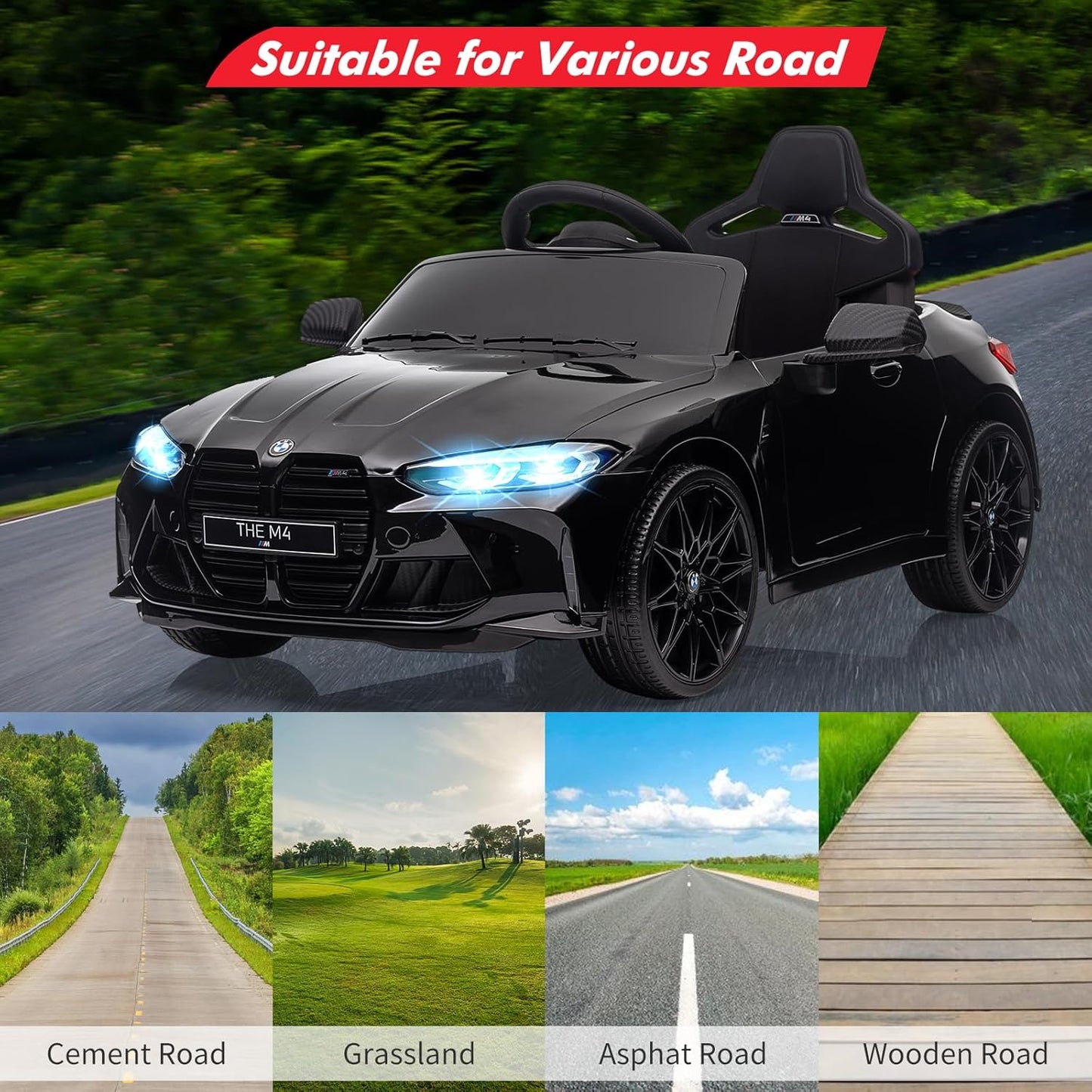 Garvee Ride - P Series: 12V Electric Ride On Car for 37-83 Months, w/RC,Licensed by BMW M4,Power Wheels for Boys Girls, with Suspension System,3 Speeds, Bluetooth, MP3, Double Door, LED Light - Black