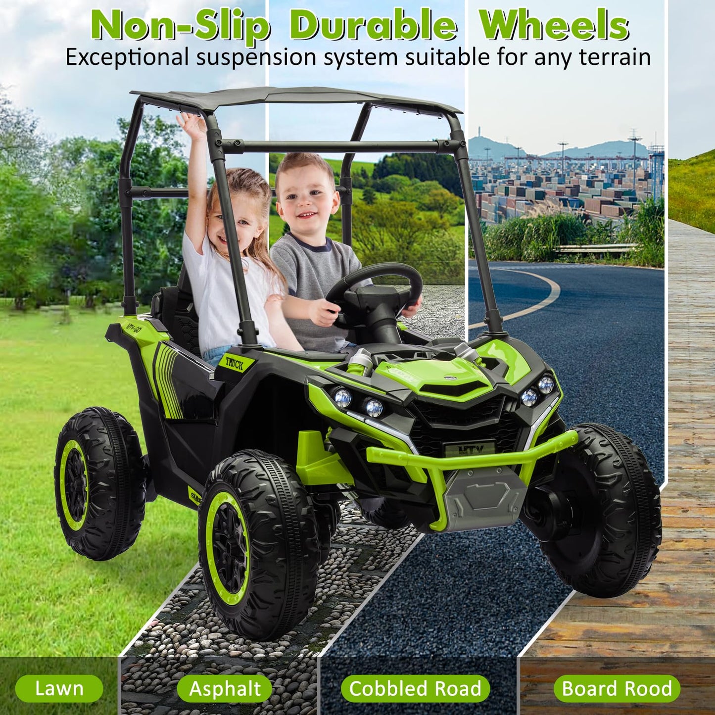 Garvee Ride - P Series: 24V Ride On Utv for Kids, 2 Seater Electric Truck With Sun Shade,4WD Electric Car Toy With Remote Control, Led Lights, 4 Shock Absorbersm,One Click Start, Music Player - Green