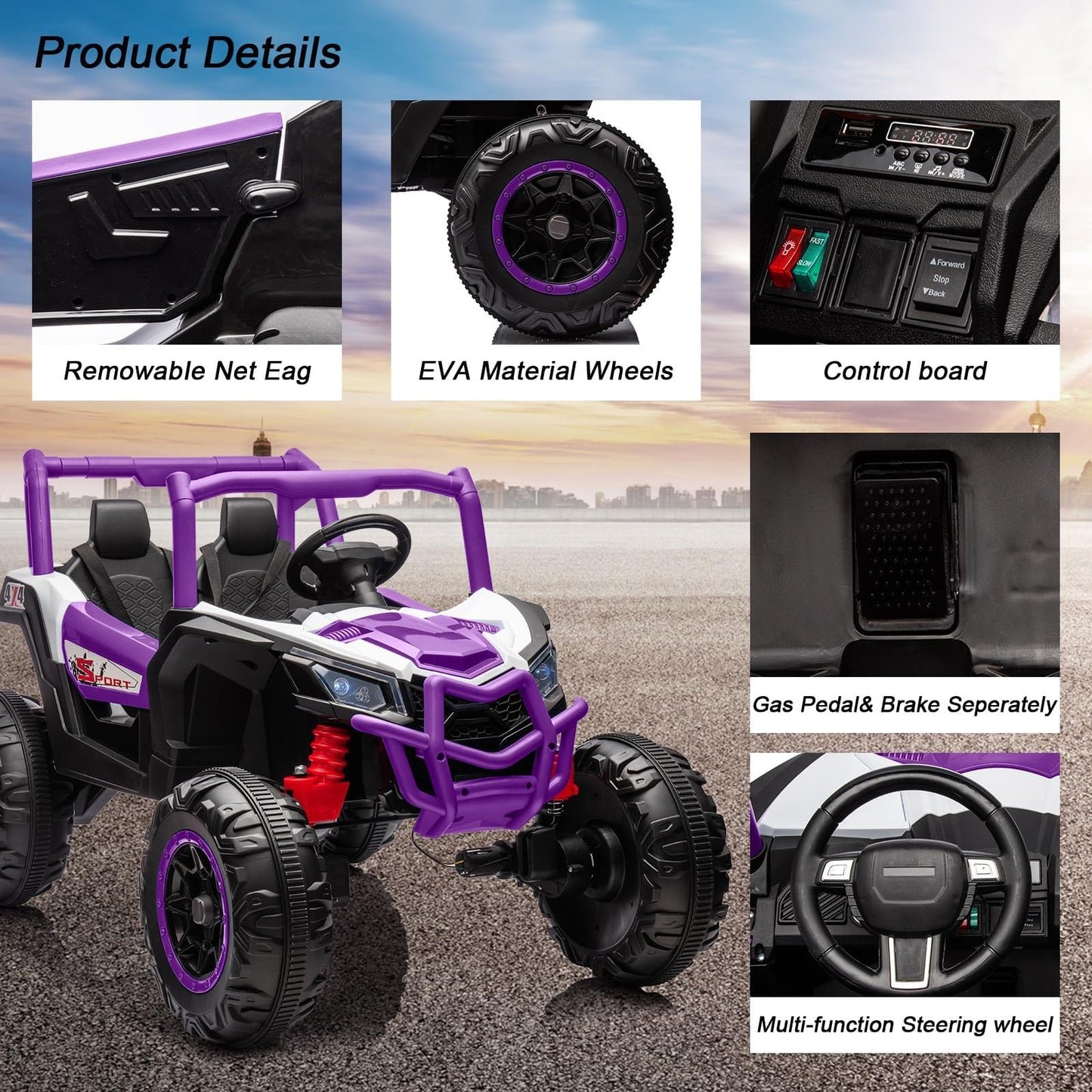 Garvee Ride - P Series: 2 Seater Ride on Car,12V Battery Powered Off-Road UTV Toy,Electric Car with Remote Control,Metal Frame,EVA Wheels,LED,Spring Suspension for 3-8 Boys&Girls - Purple