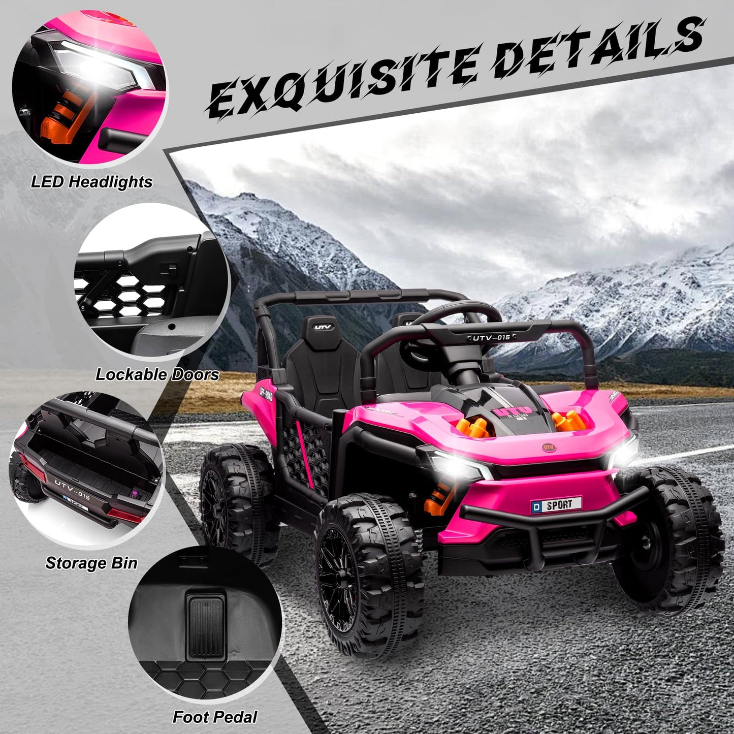 Garvee Ride - P Series: 12V Electric UTV Car with Remote Control, Ride on Truck with Toy Storage, Spring Suspension, LED Headlights, Ride Cars w/4 Wheels, Ride on Toys for Boys Girls, Pink